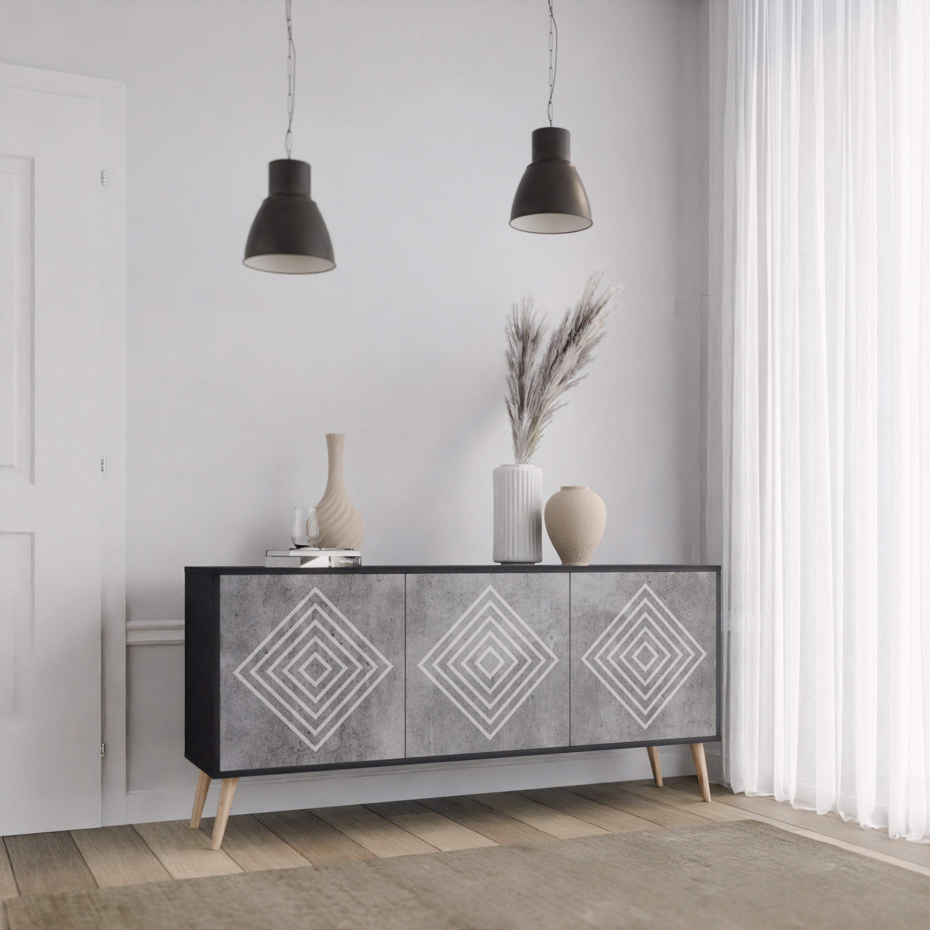 POLYGONAL ARTISTRY 3-Door Sideboard in Black Finish