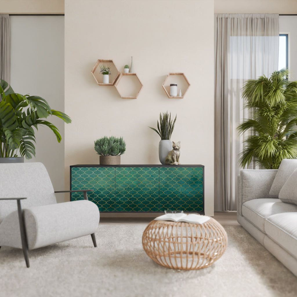 TESSELATED GREENERY 3-Door Sideboard in Black Finish