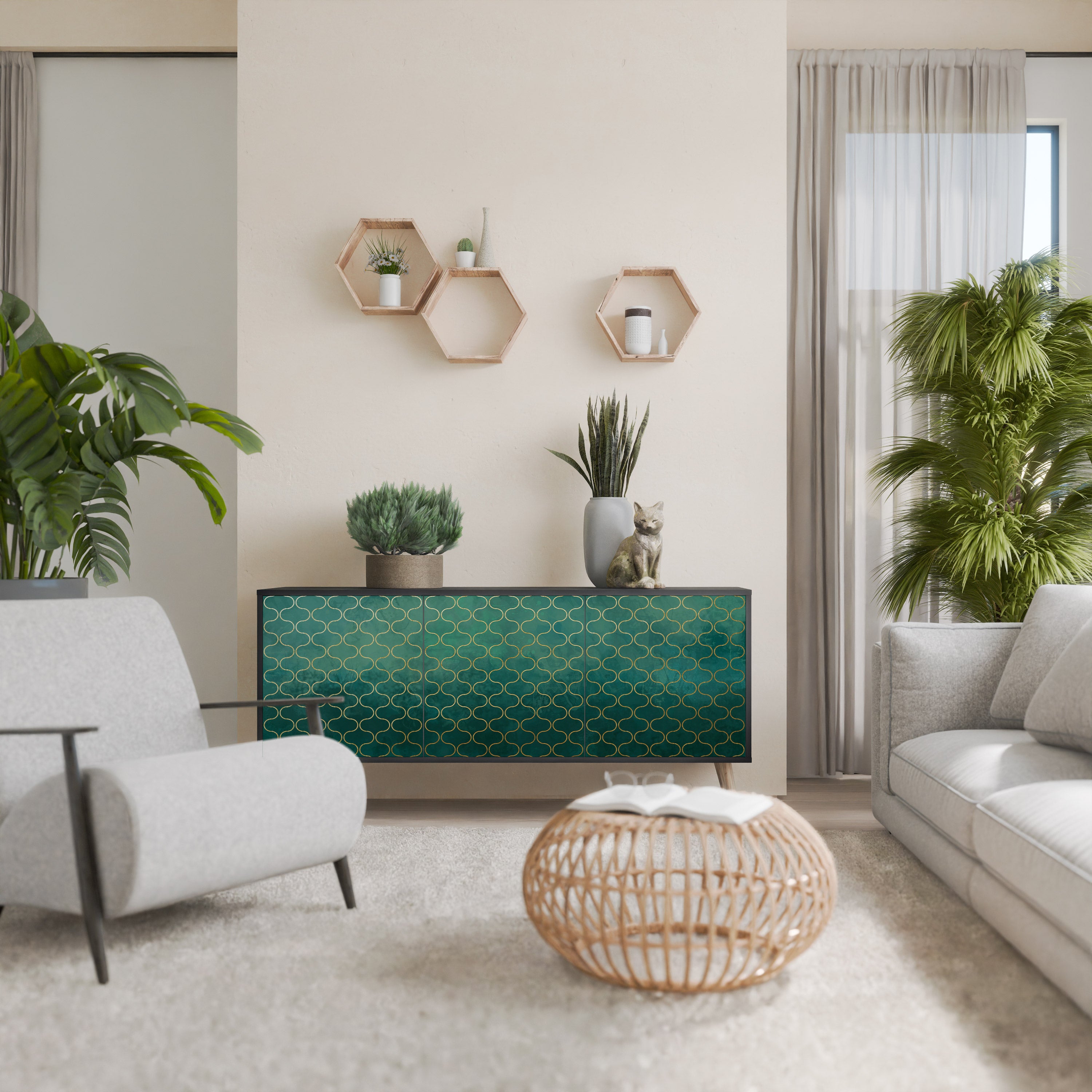 TESSELATED GREENERY 3-Door Sideboard in Black Finish