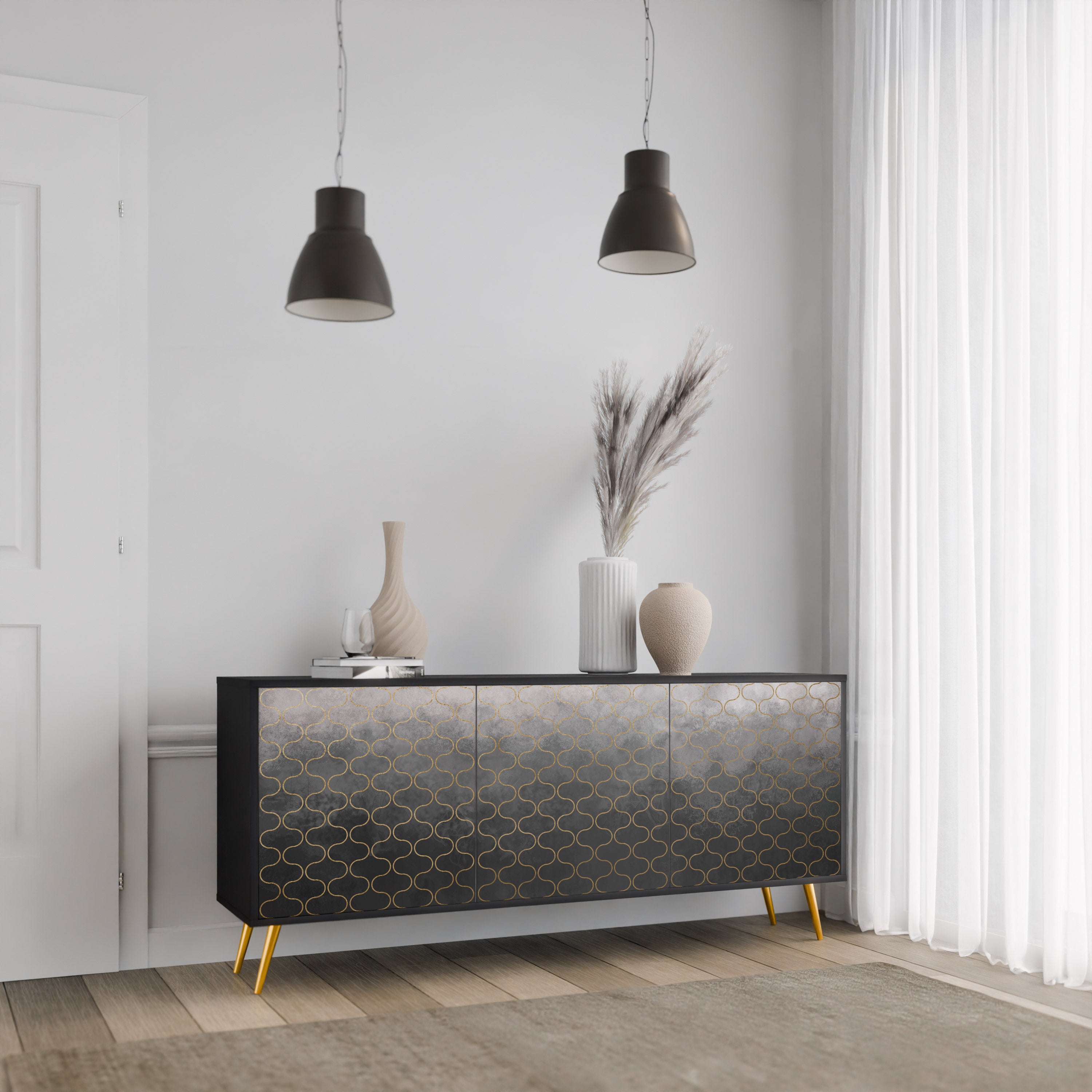 TESSELATED GRAYISH 3-Door Sideboard in Black Finish