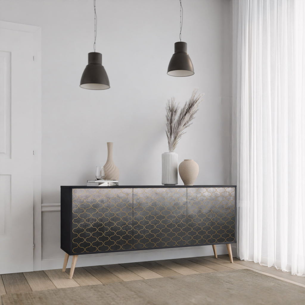 TESSELATED GRAYISH 3-Door Sideboard in Black Finish
