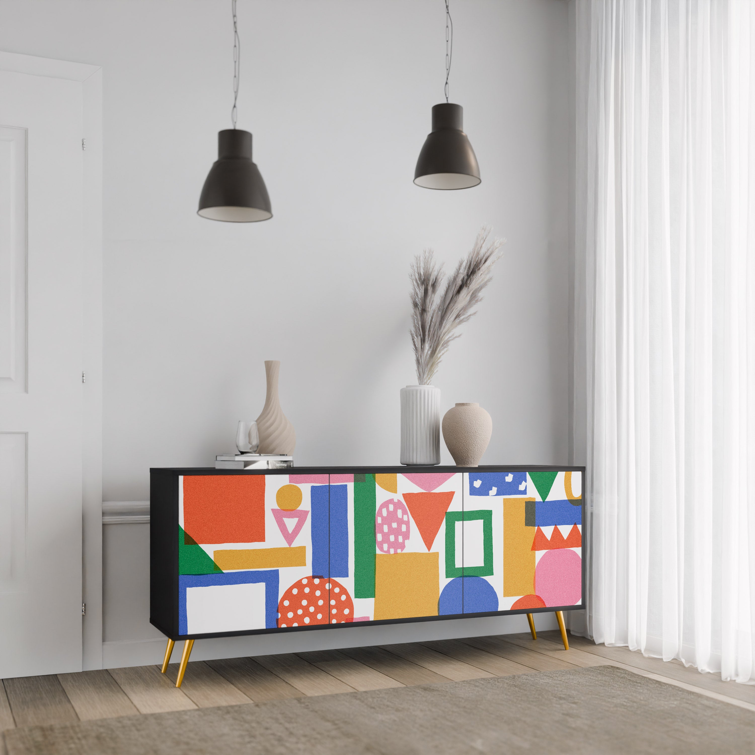 GEOMETRIC GLIMMER 3-Door Sideboard in Black Finish