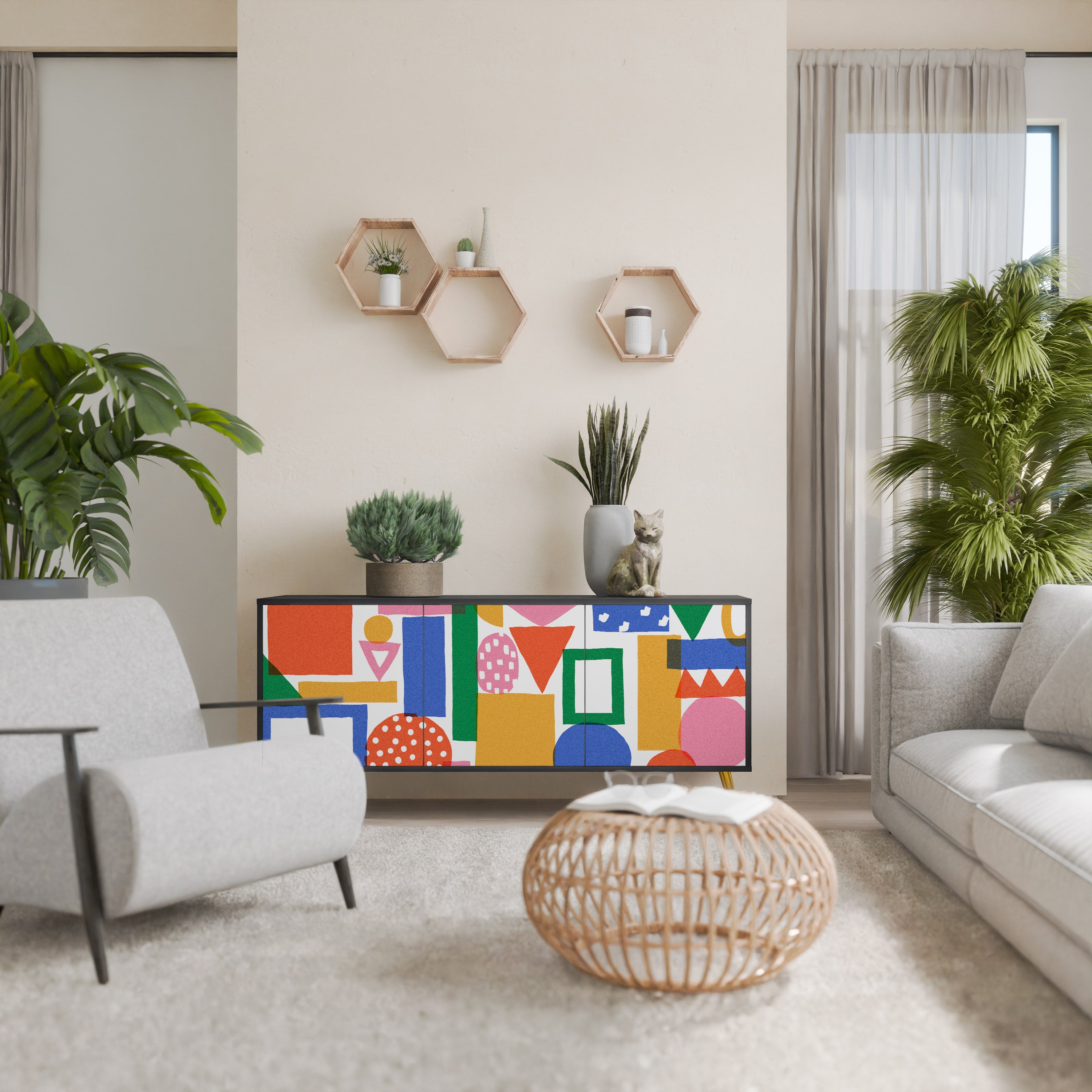 GEOMETRIC GLIMMER 3-Door Sideboard in Black Finish