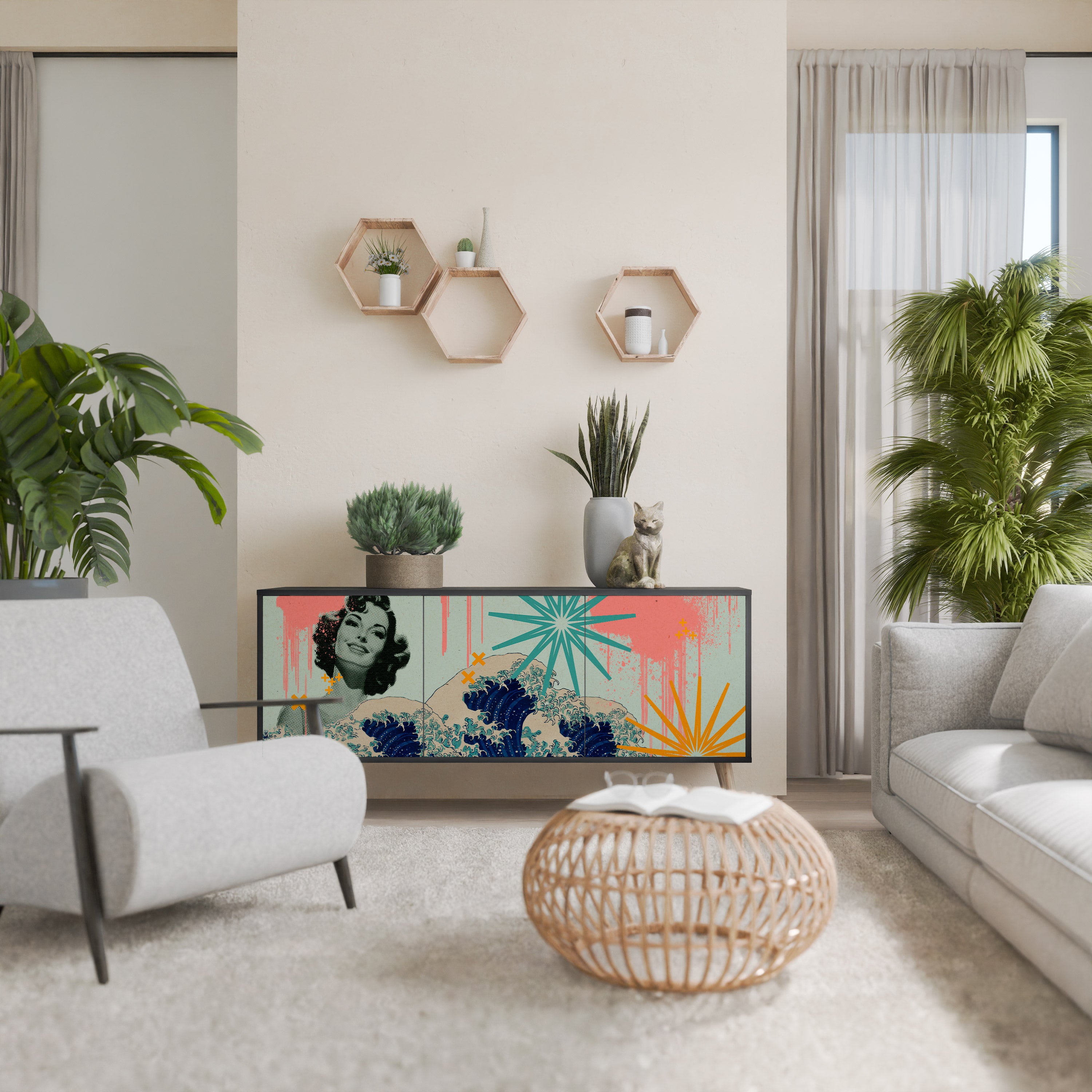 KANAGAWA BEAUTY 3-Door Sideboard in Black Finish