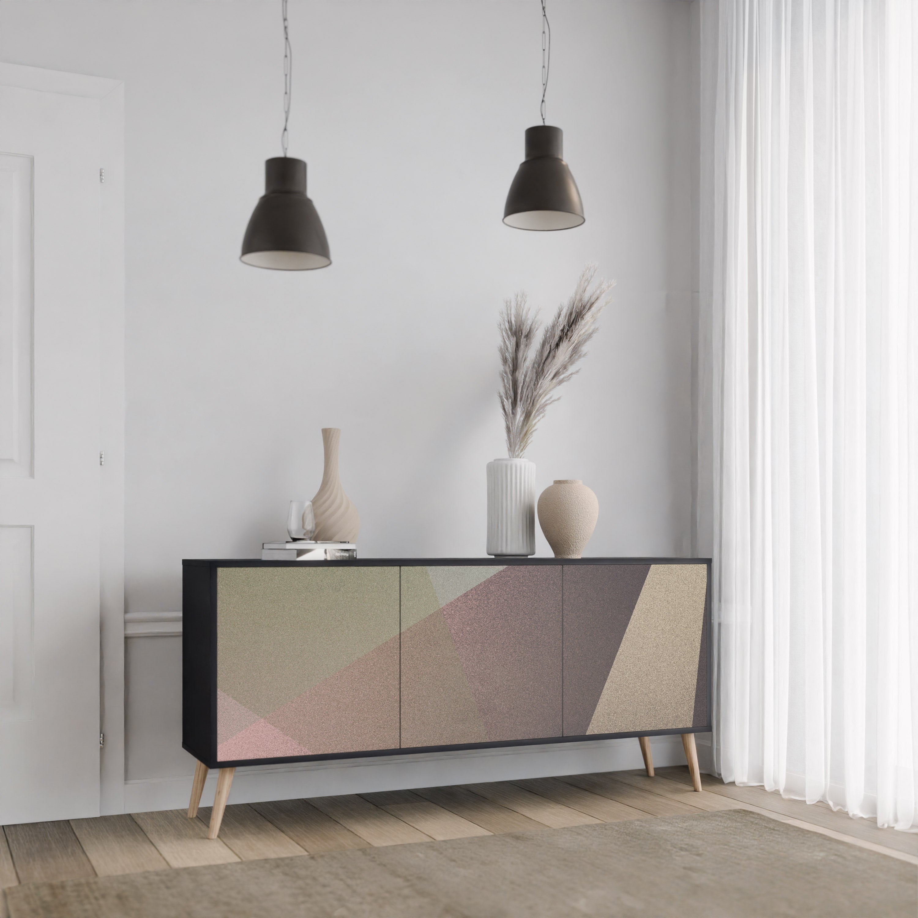 BEIGE GEOMETRY 3-Door Sideboard in Black Finish