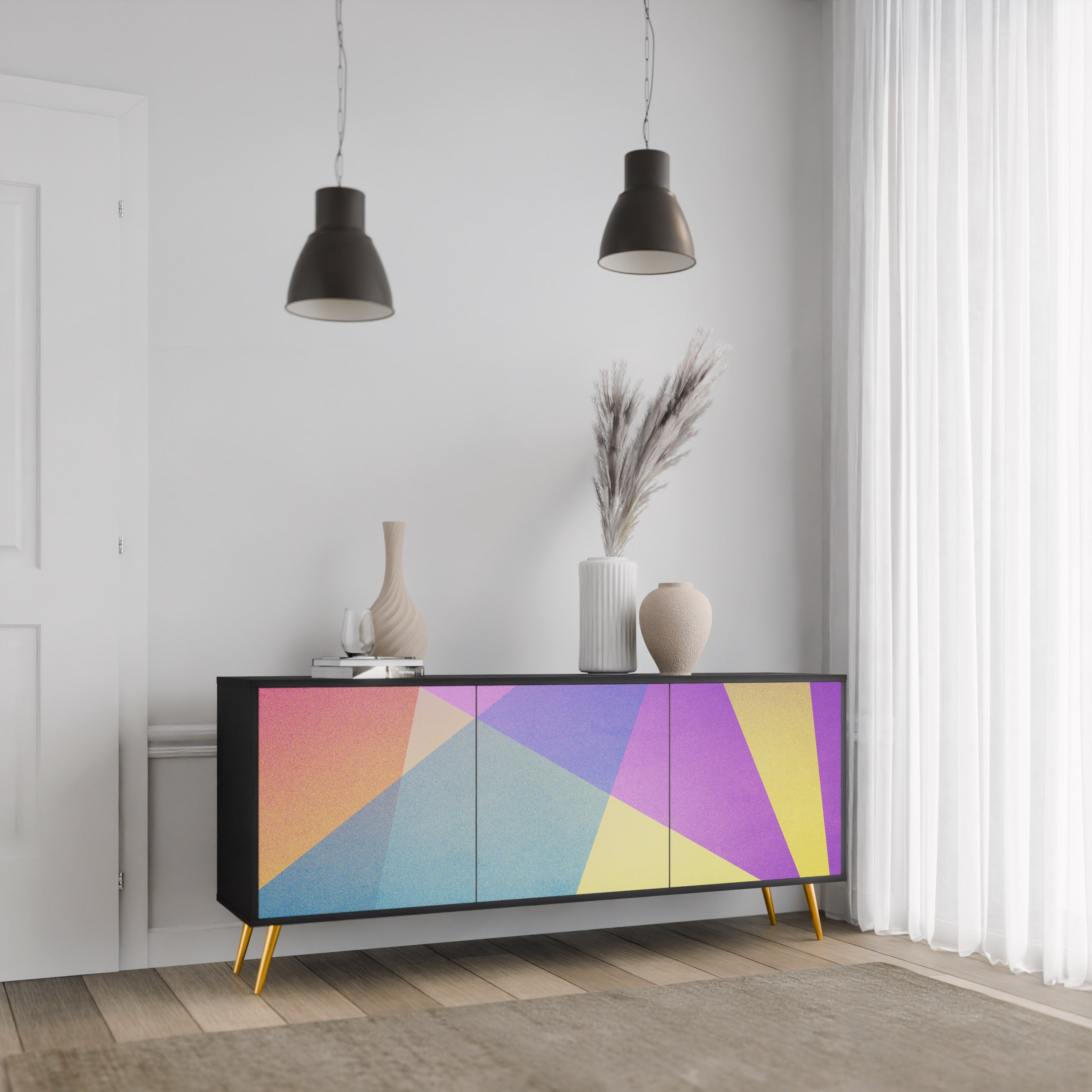 BRIGHT GEOMETRY 3-Door Sideboard in Black Finish