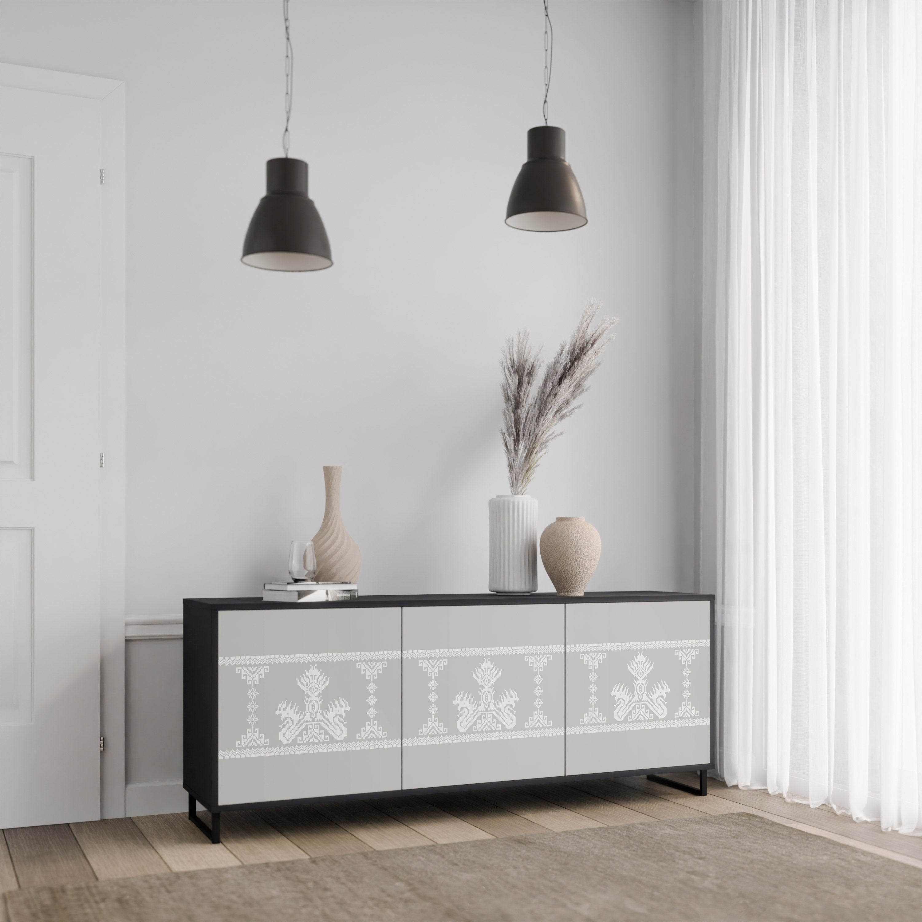 Aparador THAI GRAY de 3 puertas con acabado negro