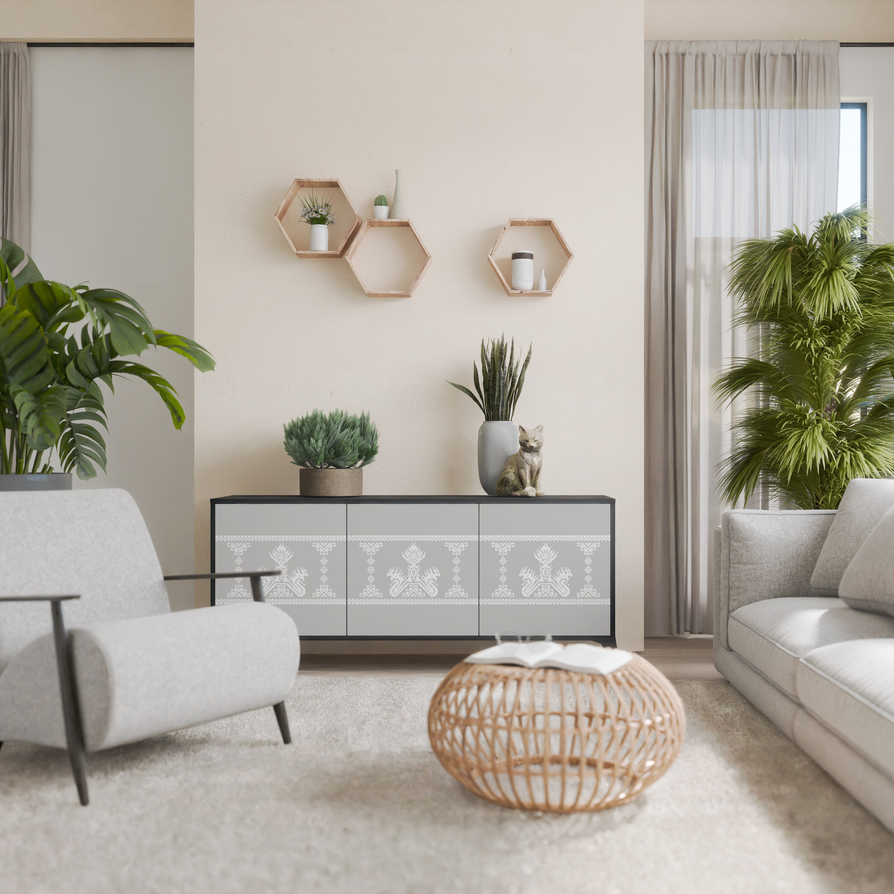Aparador THAI GRAY de 3 puertas con acabado negro