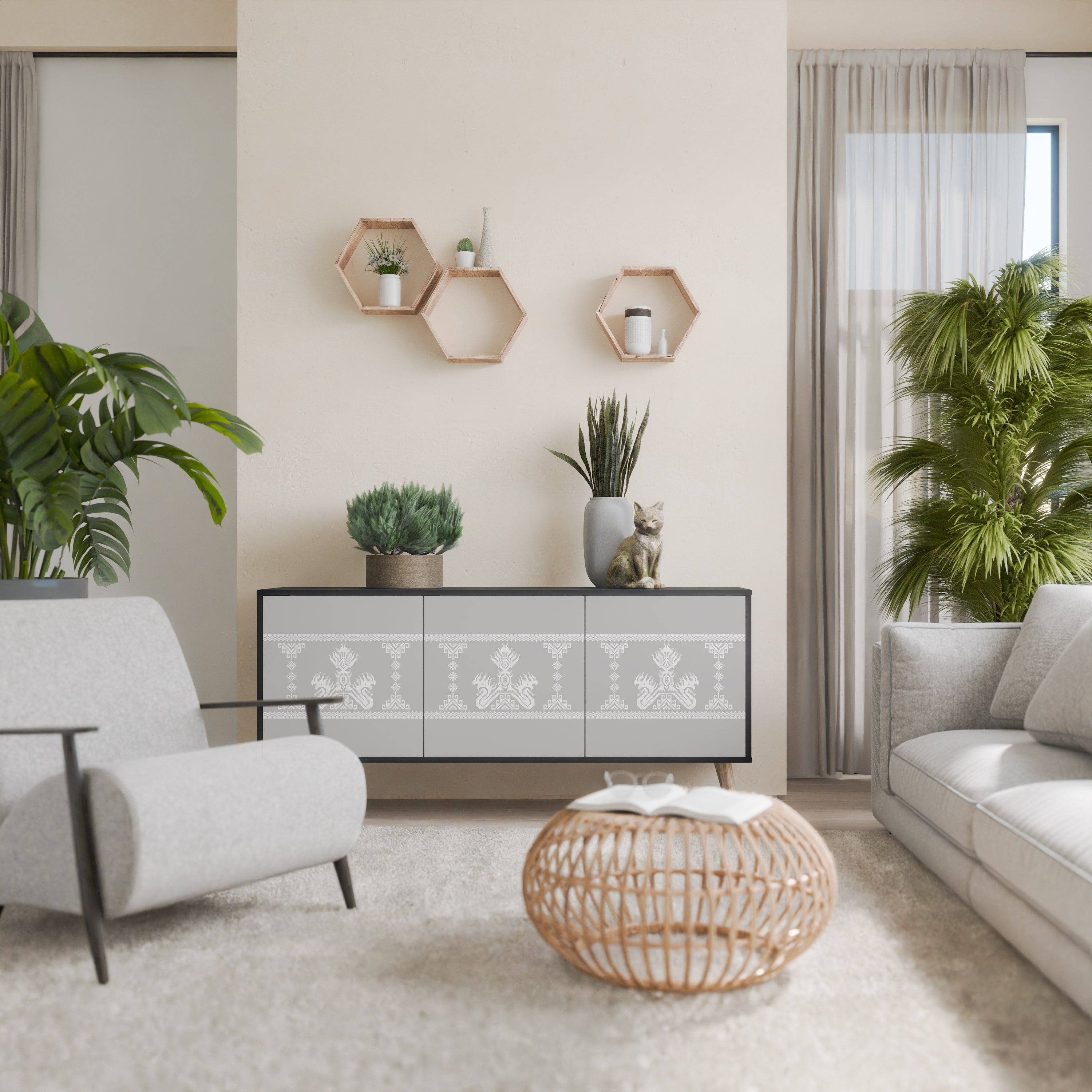 Aparador THAI GRAY de 3 puertas con acabado negro