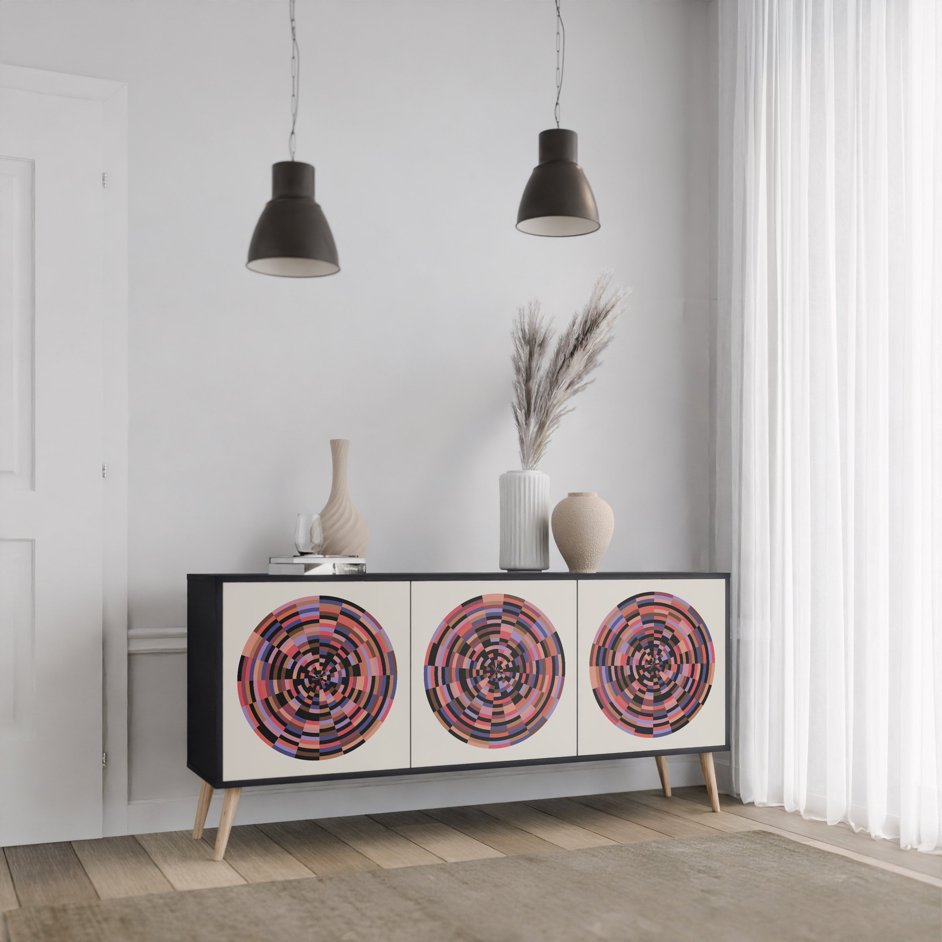 Aparador de 3 puertas BROWN CIRCLES en acabado negro