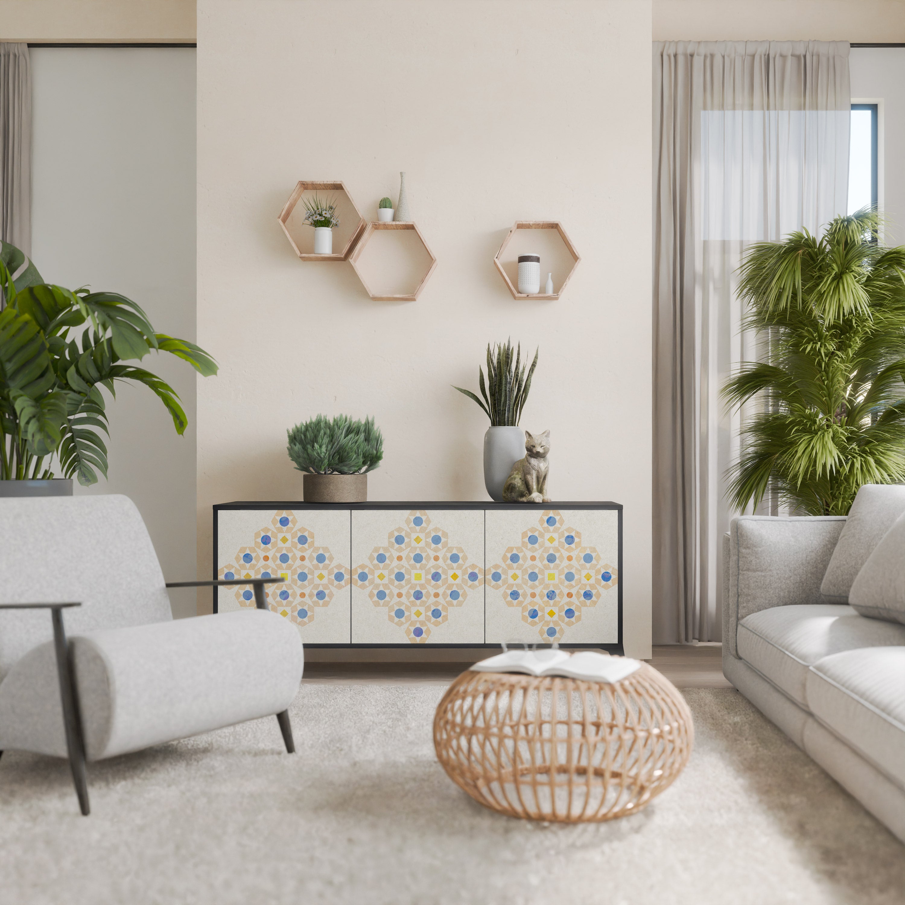 Aparador de 3 puertas con diseño de prisma en acabado negro