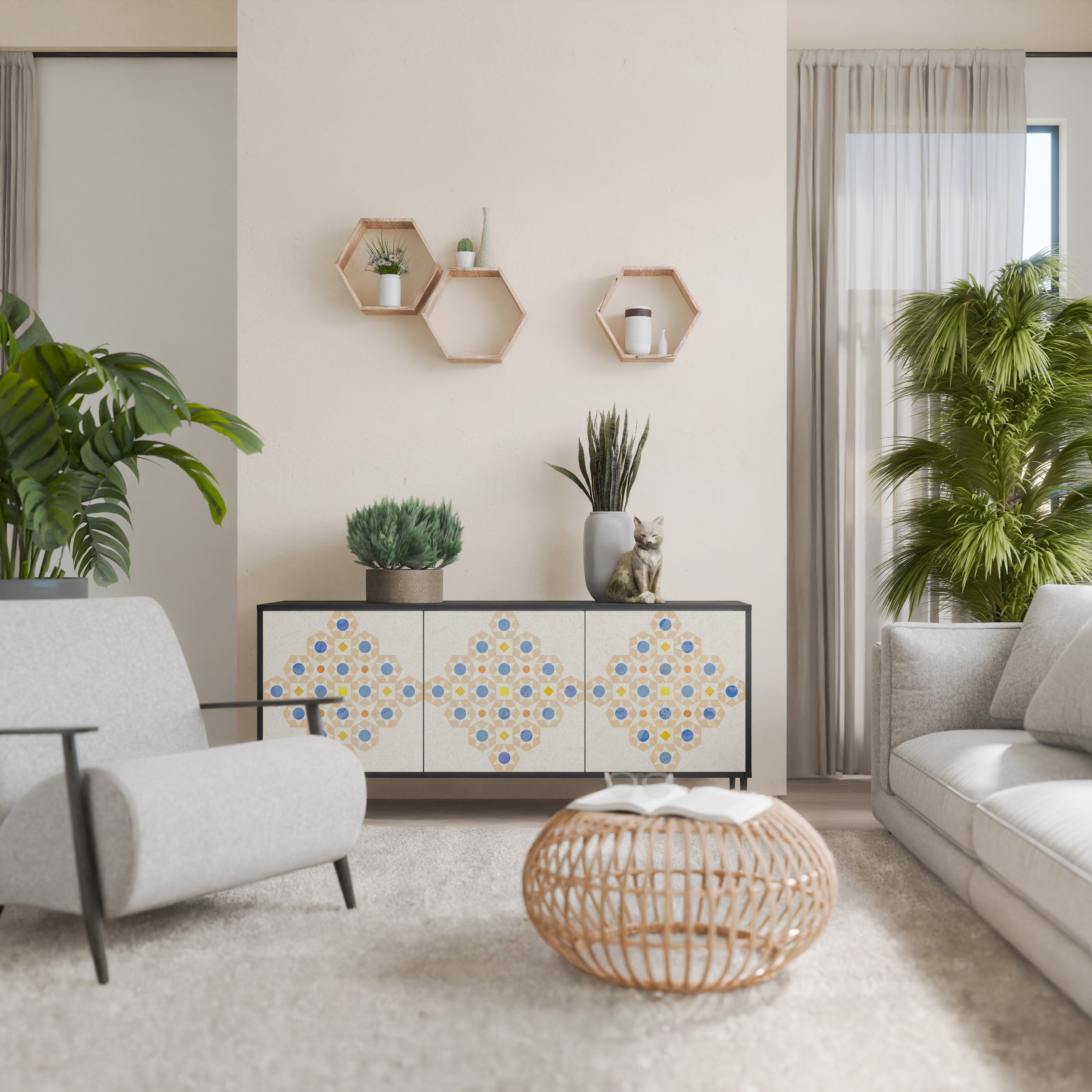 Aparador de 3 puertas con diseño de prisma en acabado negro
