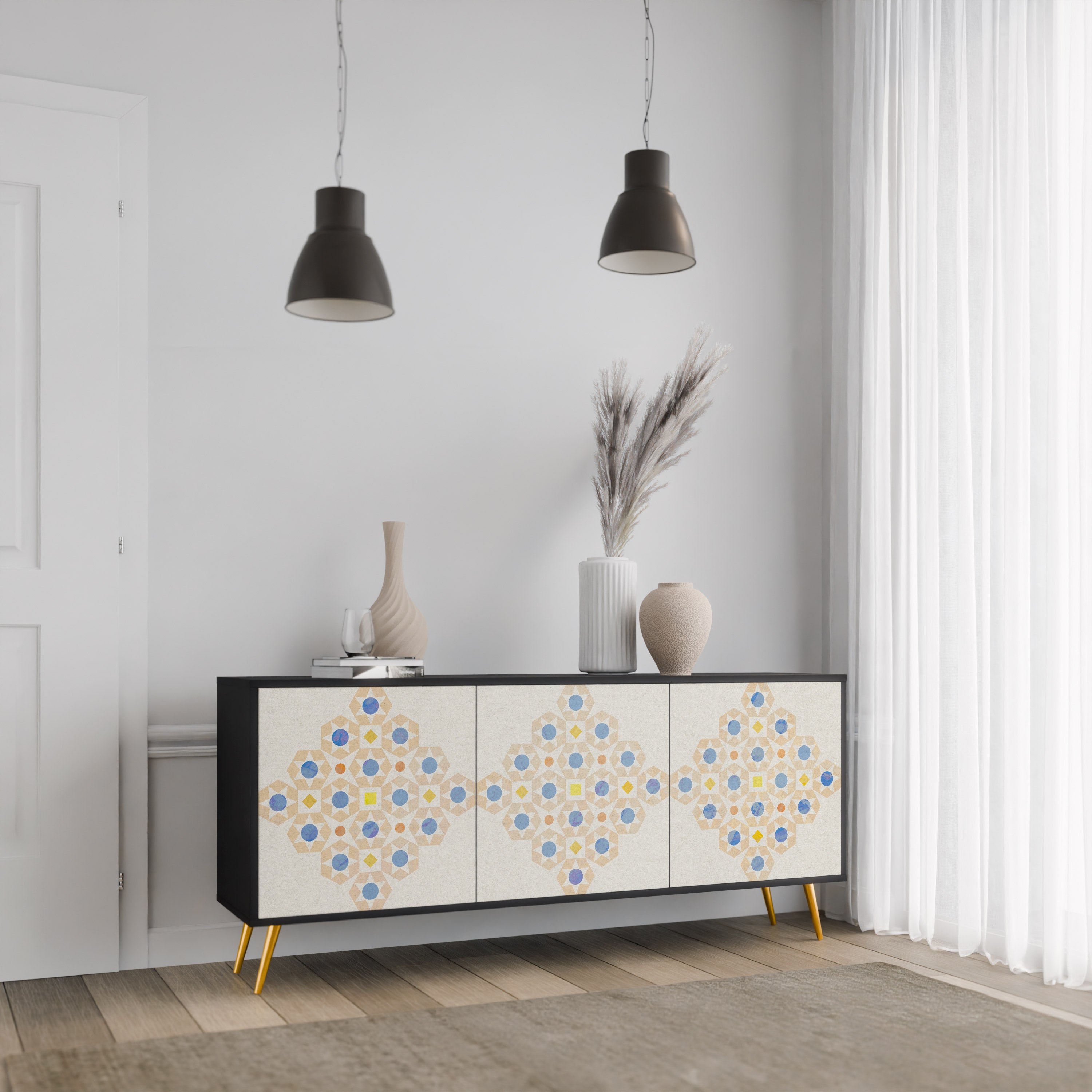 Aparador de 3 puertas con diseño de prisma en acabado negro