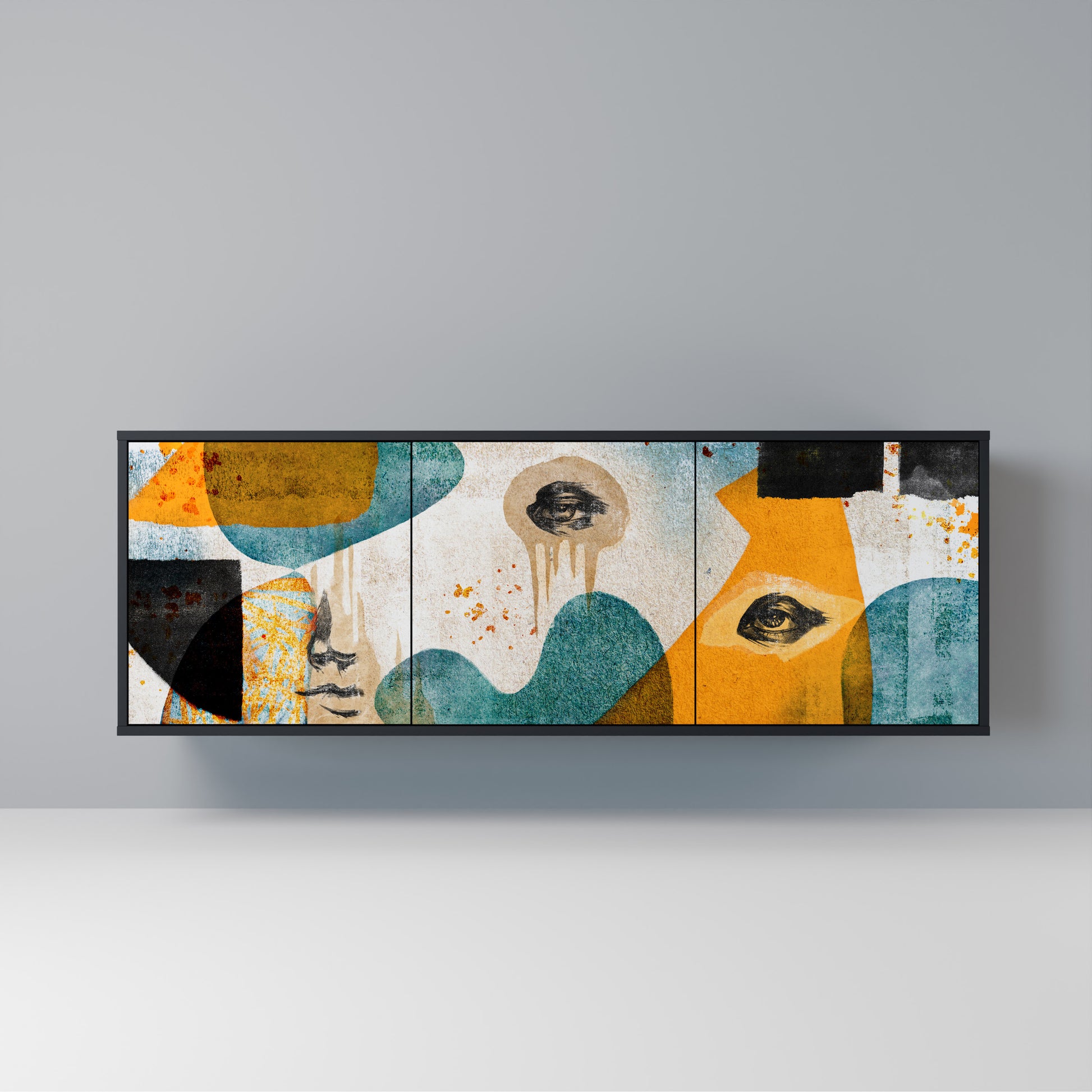 ABSTRACT FACES 3-Door Sideboard in Black Finish