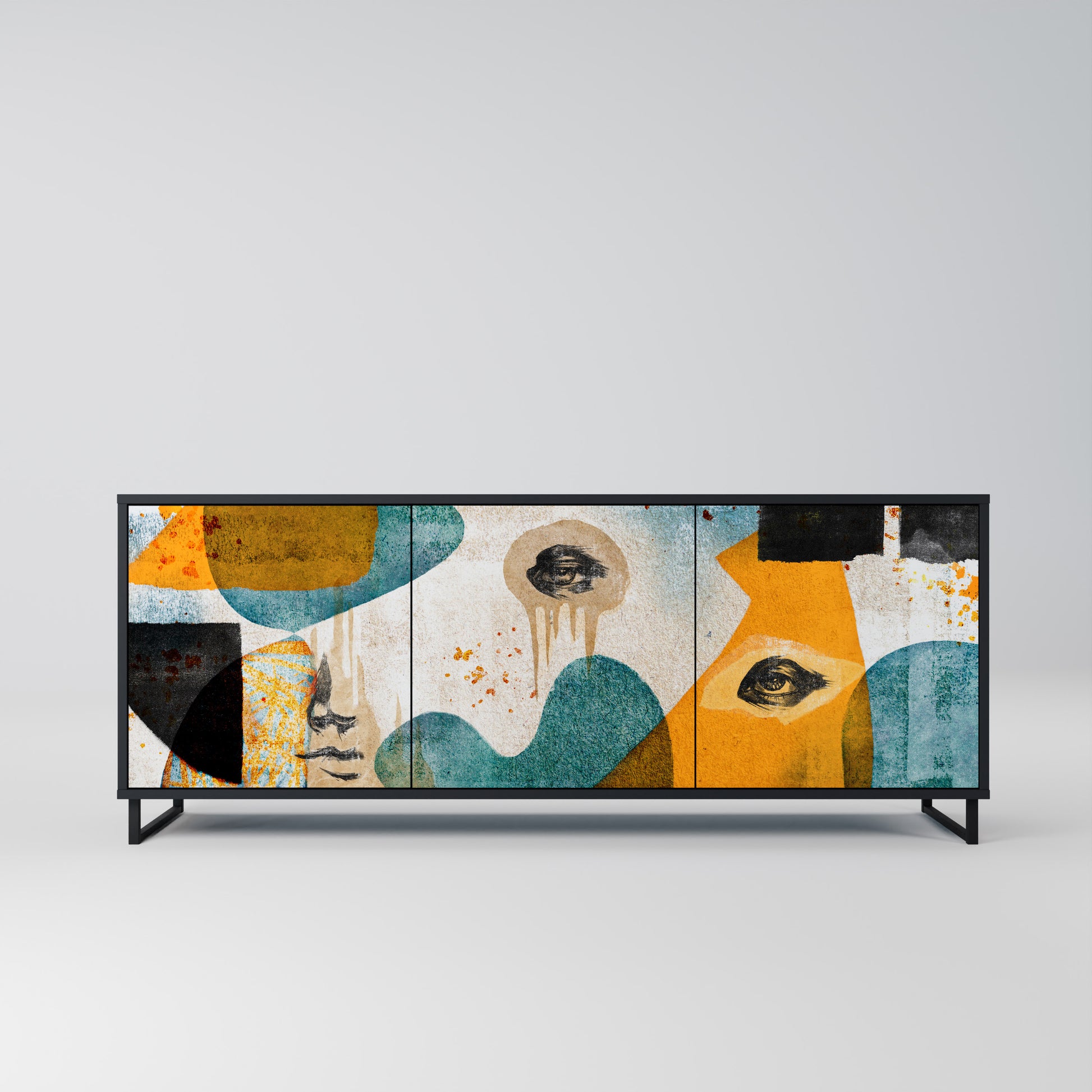 ABSTRACT FACES 3-Door Sideboard in Black Finish