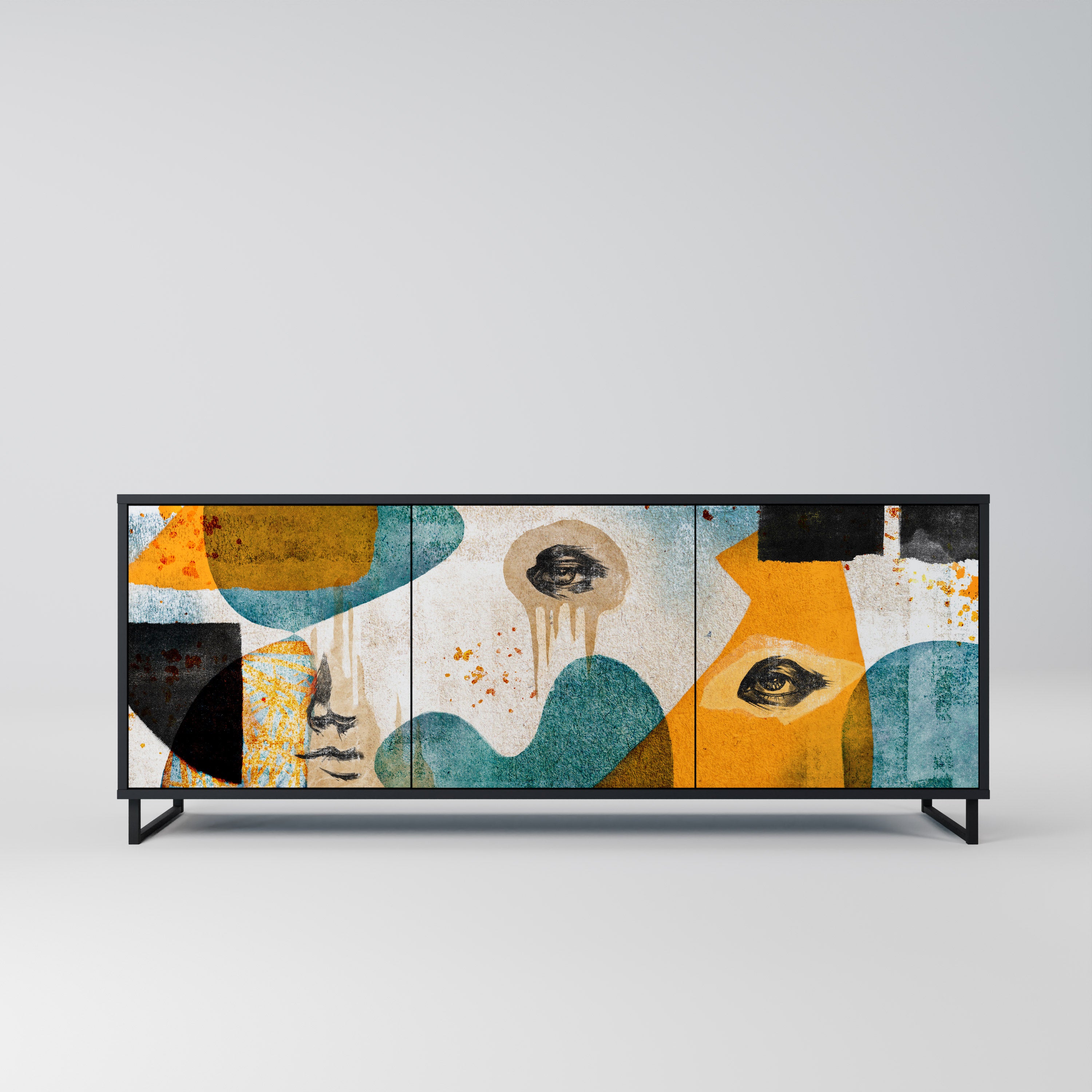 ABSTRACT FACES 3-Door Sideboard in Black Finish
