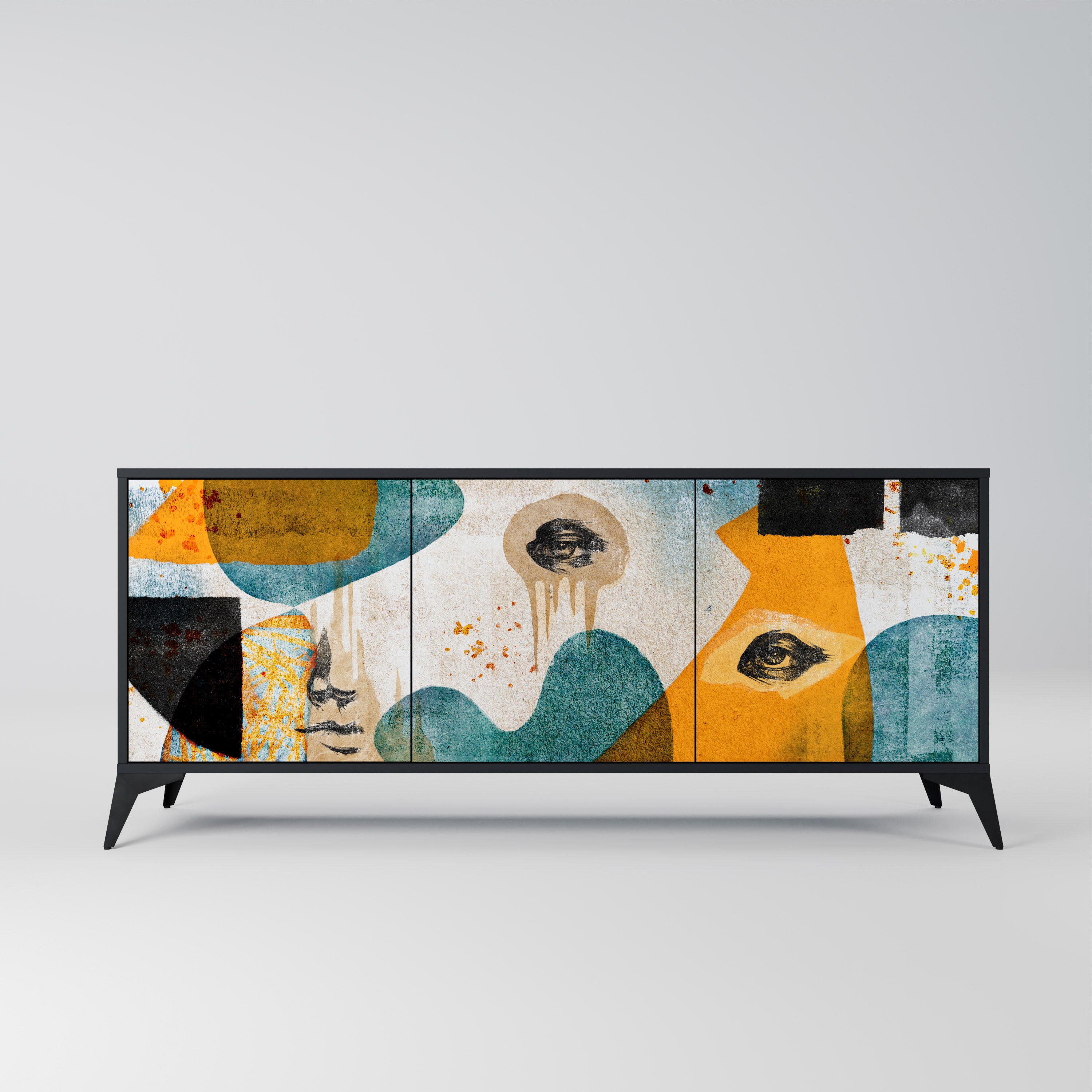 ABSTRACT FACES 3-Door Sideboard in Black Finish