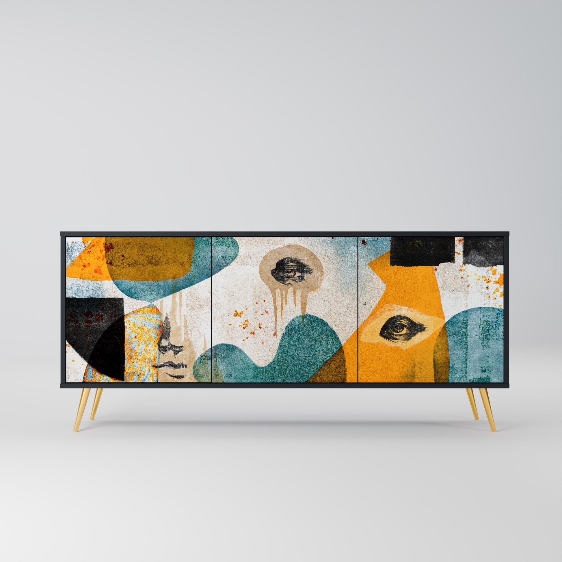 ABSTRACT FACES 3-Door Sideboard in Black Finish
