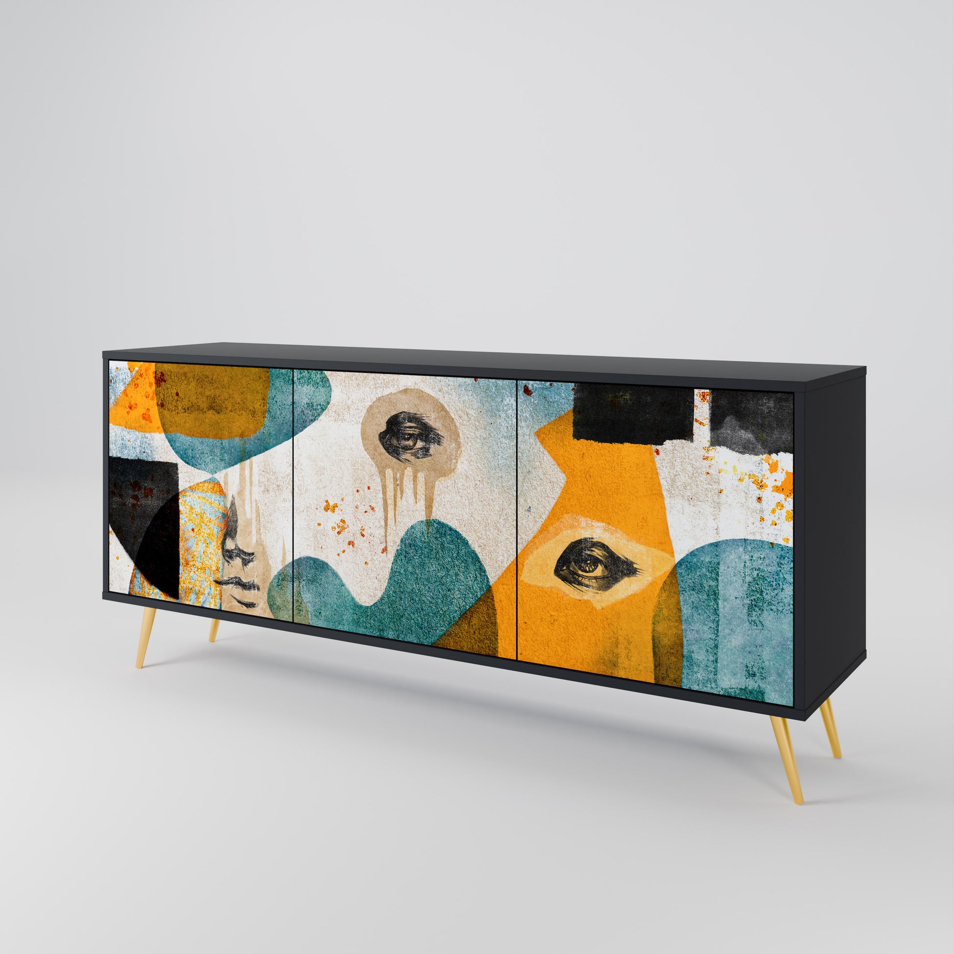 ABSTRACT FACES 3-Door Sideboard in Black Finish