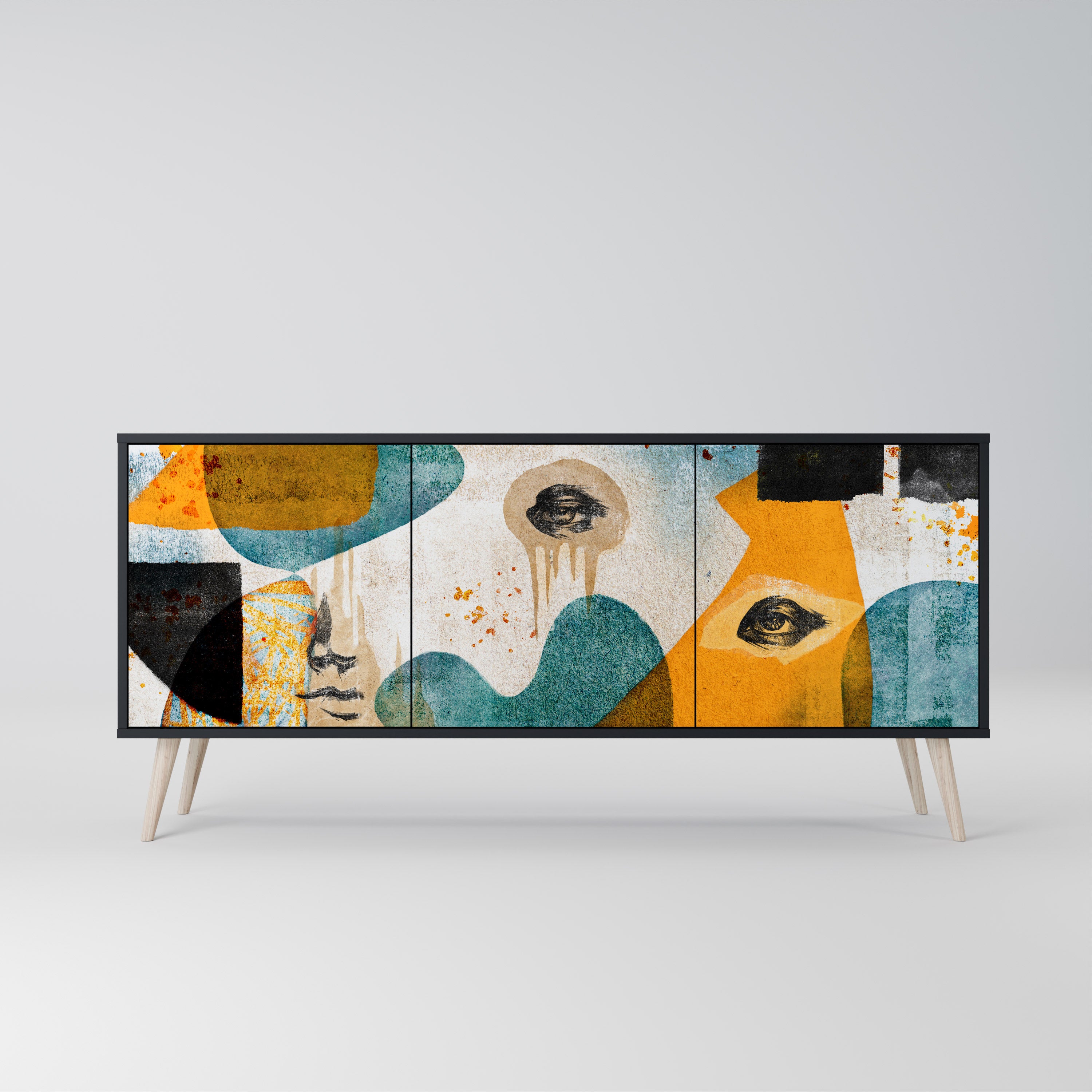 ABSTRACT FACES 3-Door Sideboard in Black Finish