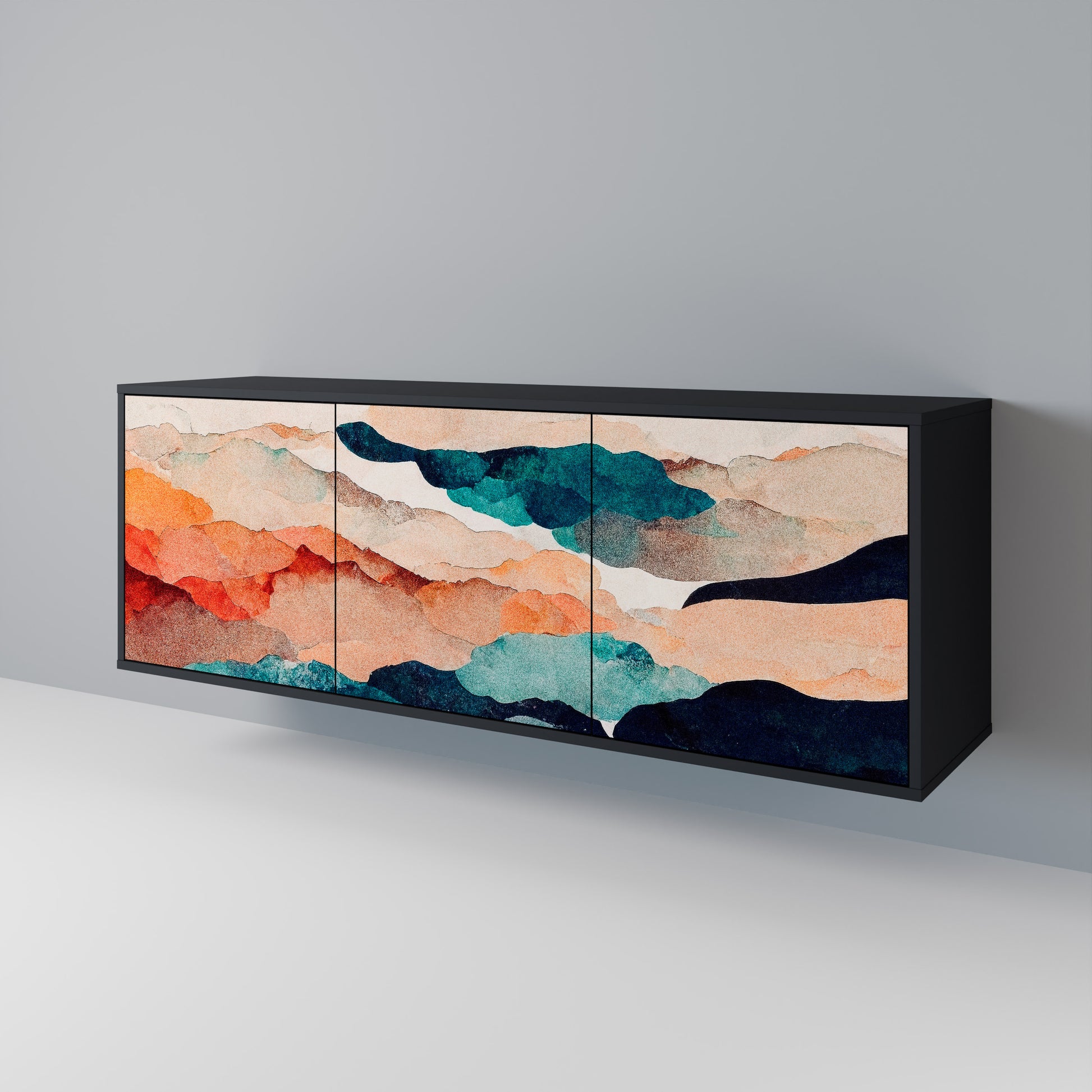 ABSTRACT LANDSCAPE 3-Door Sideboard in Black Finish