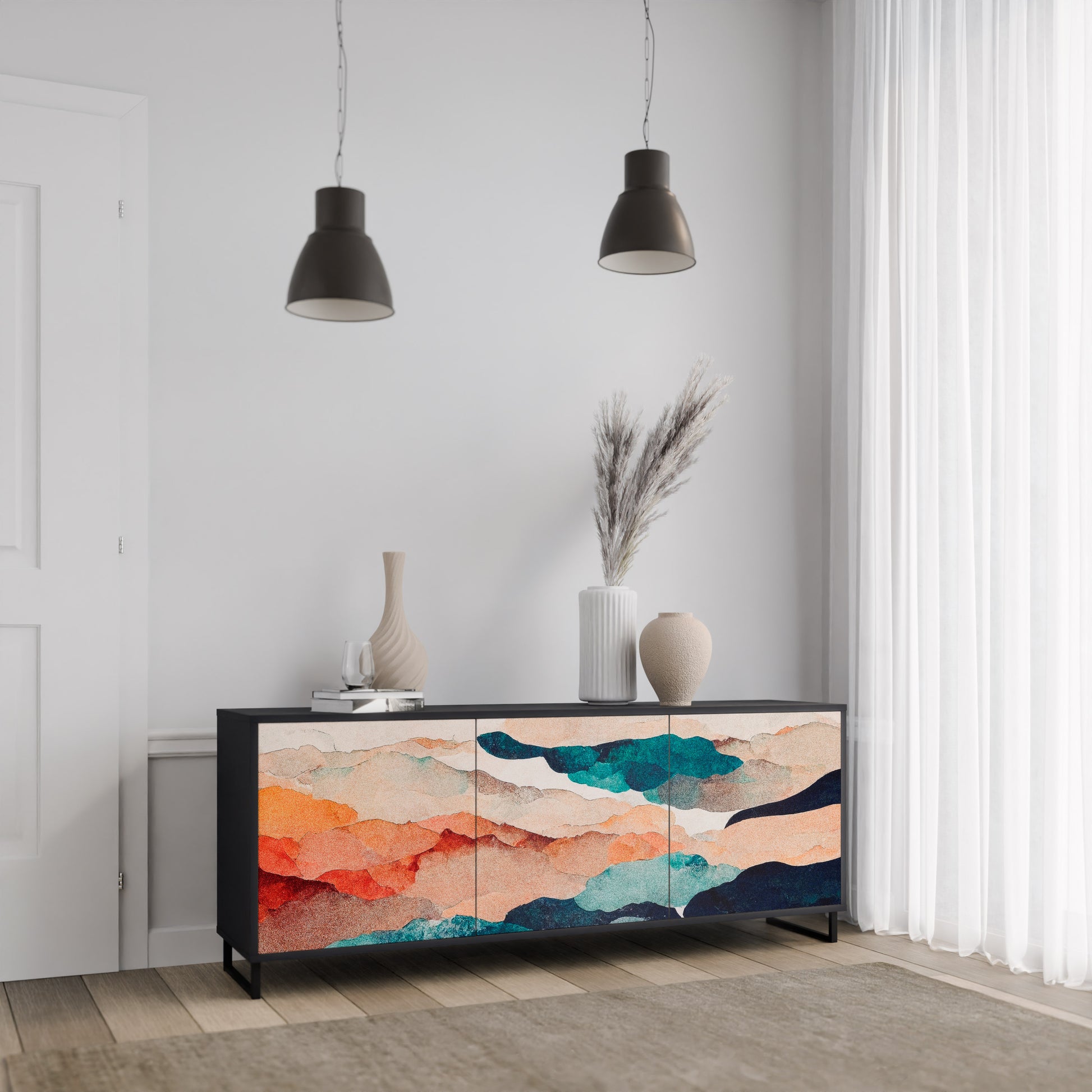 ABSTRACT LANDSCAPE 3-Door Sideboard in Black Finish