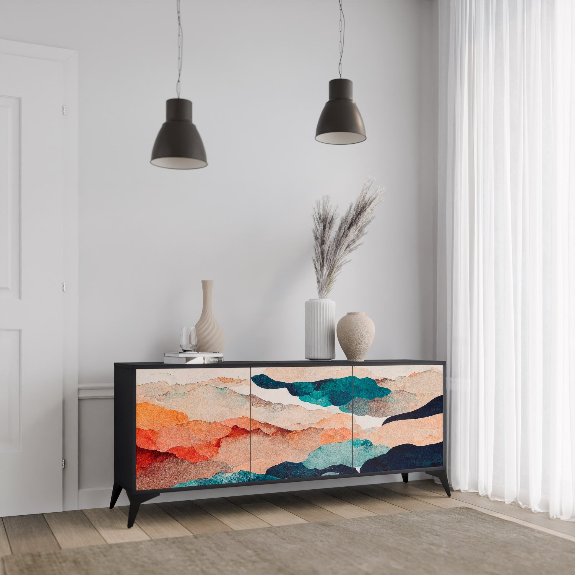 ABSTRACT LANDSCAPE 3-Door Sideboard in Black Finish