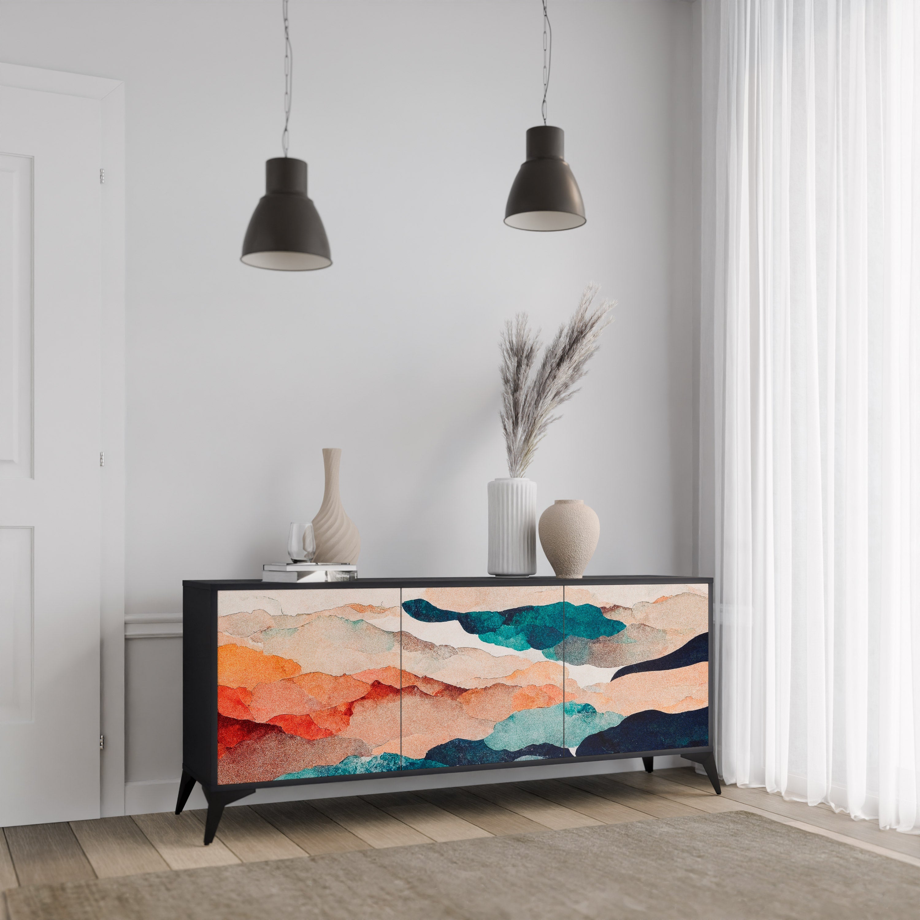 ABSTRACT LANDSCAPE 3-Door Sideboard in Black Finish