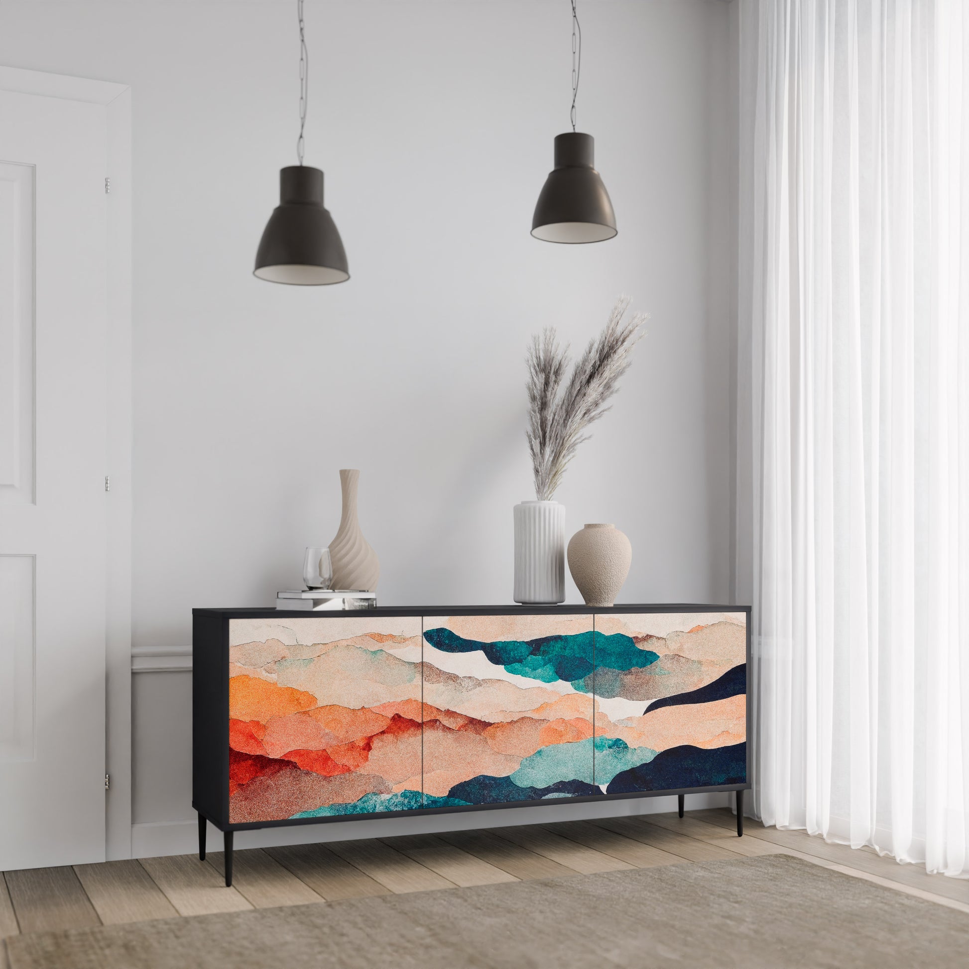 ABSTRACT LANDSCAPE 3-Door Sideboard in Black Finish