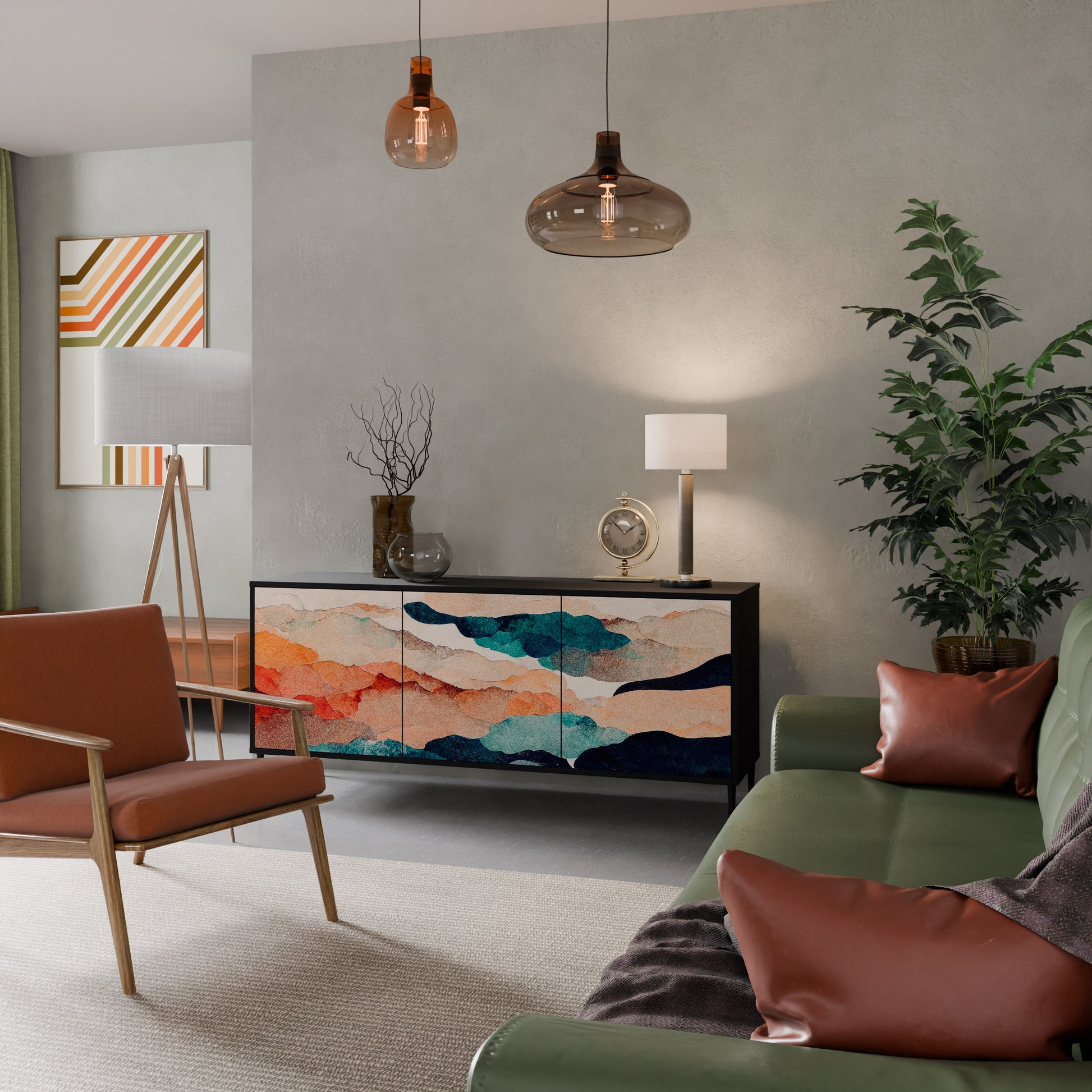 ABSTRACT LANDSCAPE 3-Door Sideboard in Black Finish