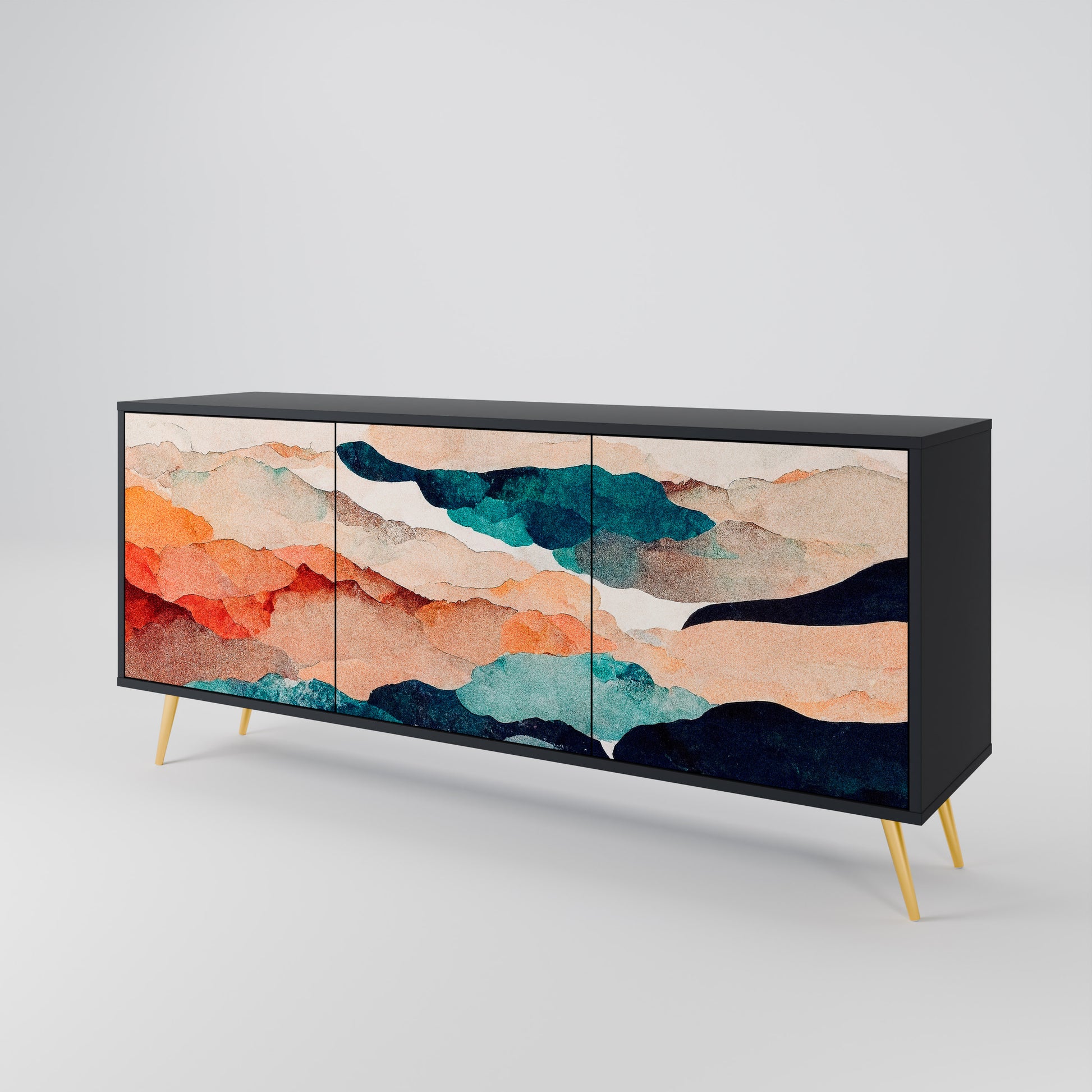 ABSTRACT LANDSCAPE 3-Door Sideboard in Black Finish