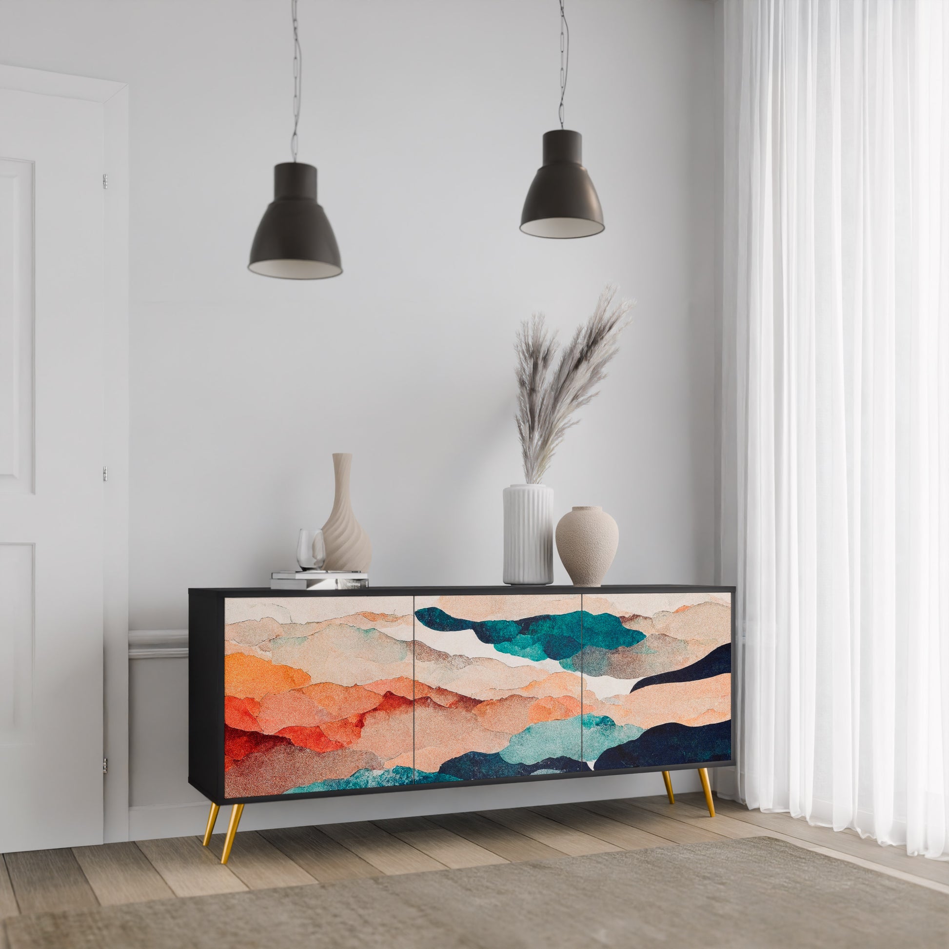 ABSTRACT LANDSCAPE 3-Door Sideboard in Black Finish