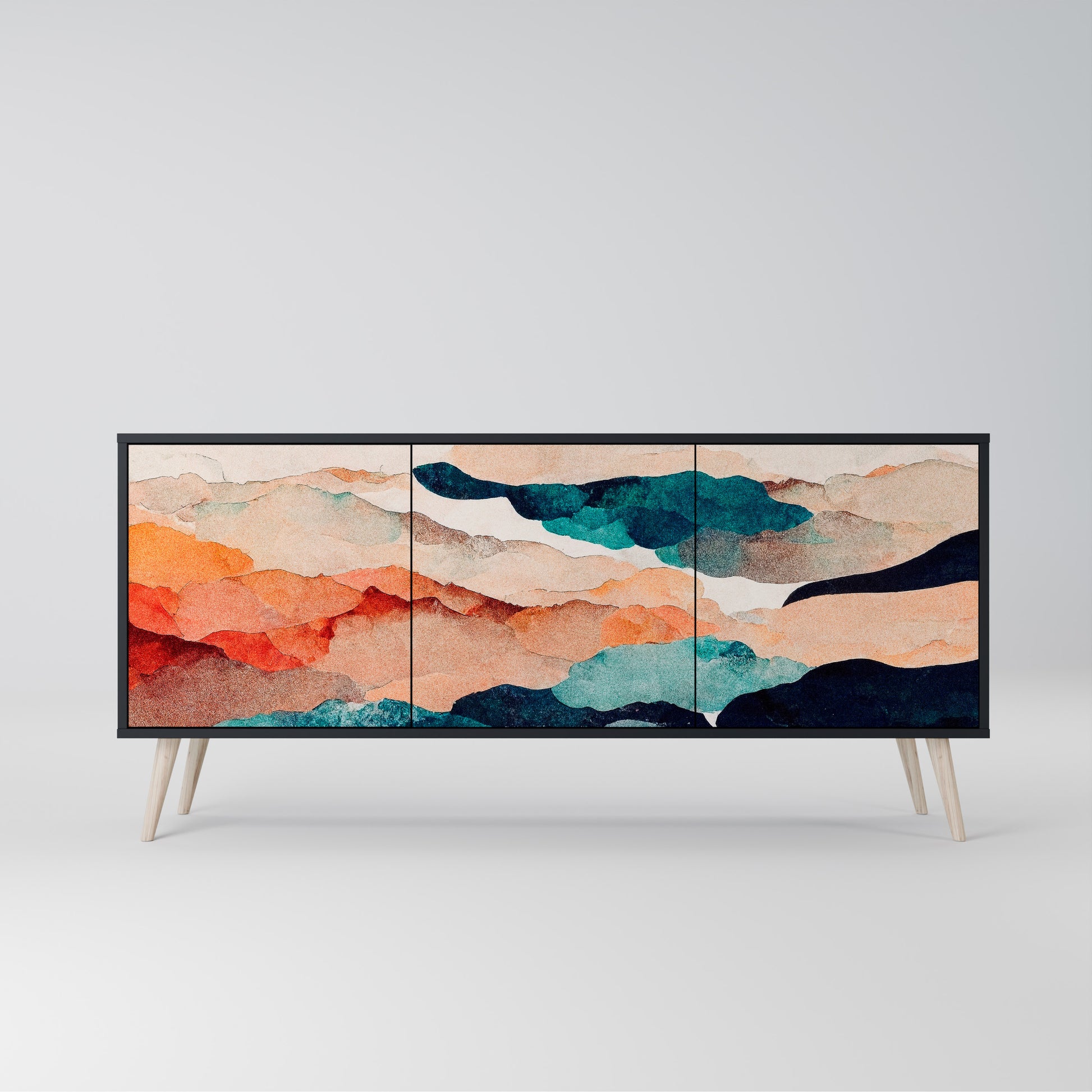 ABSTRACT LANDSCAPE 3-Door Sideboard in Black Finish