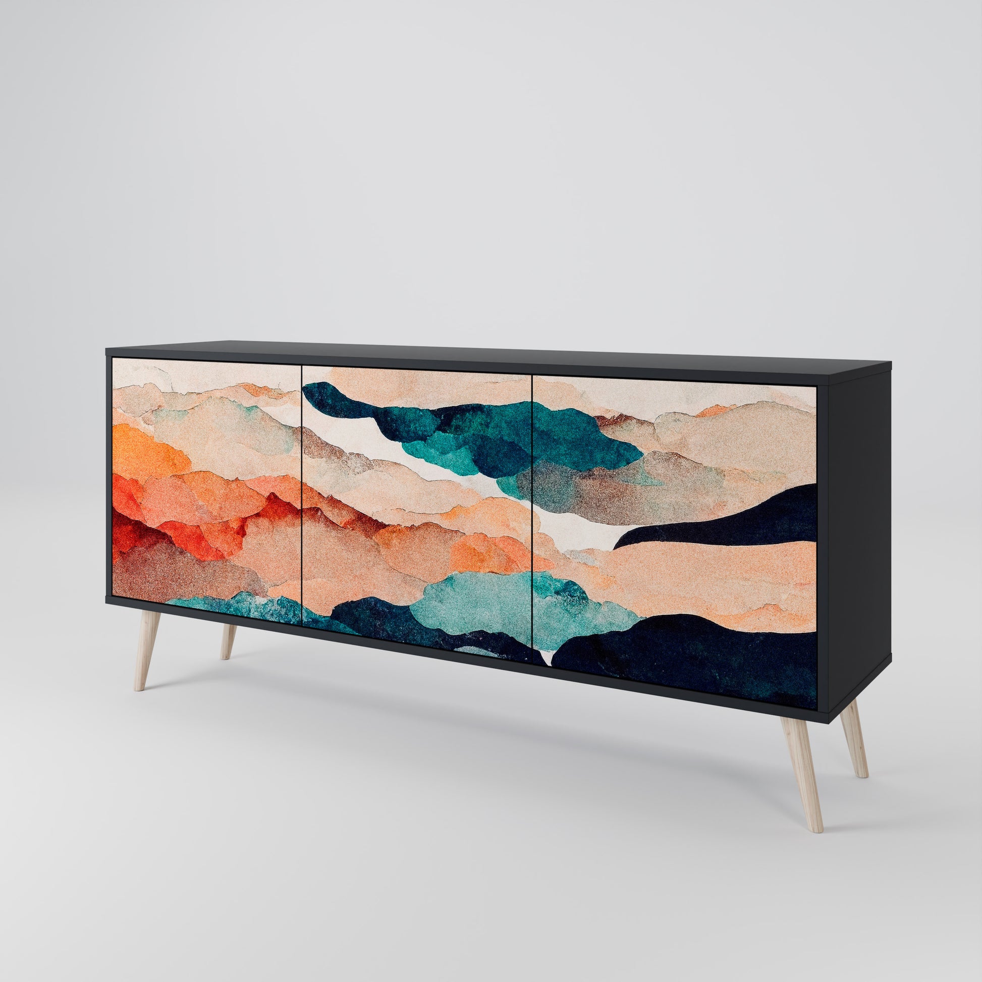 ABSTRACT LANDSCAPE 3-Door Sideboard in Black Finish