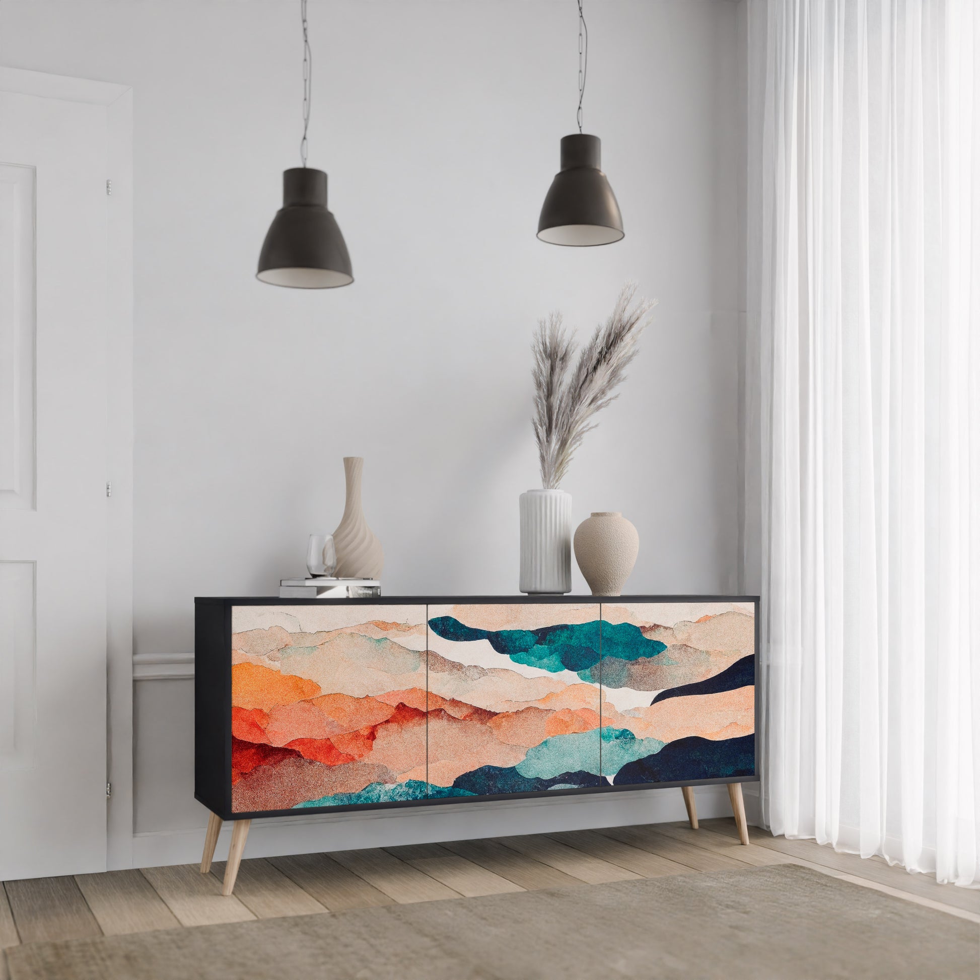 ABSTRACT LANDSCAPE 3-Door Sideboard in Black Finish