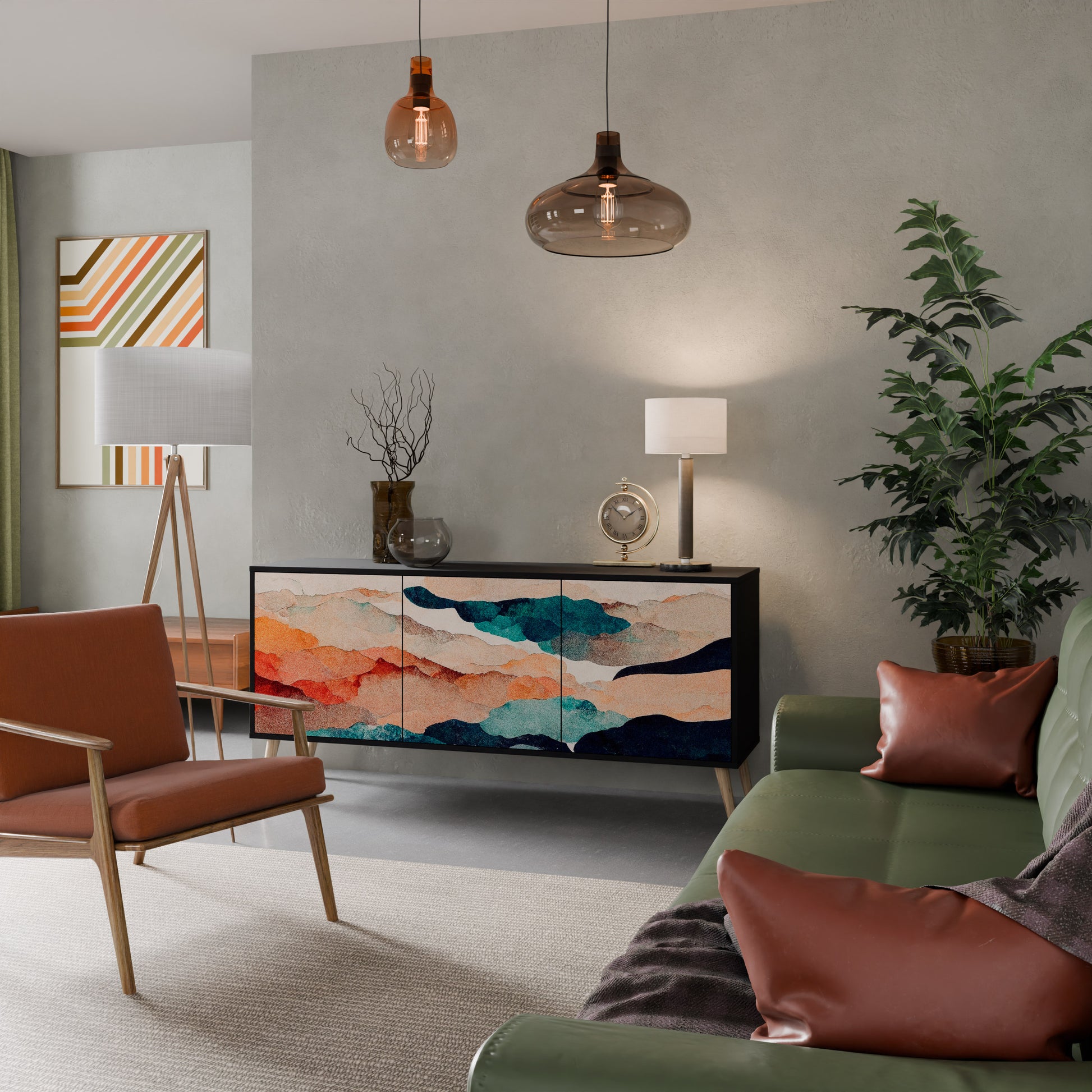 ABSTRACT LANDSCAPE 3-Door Sideboard in Black Finish