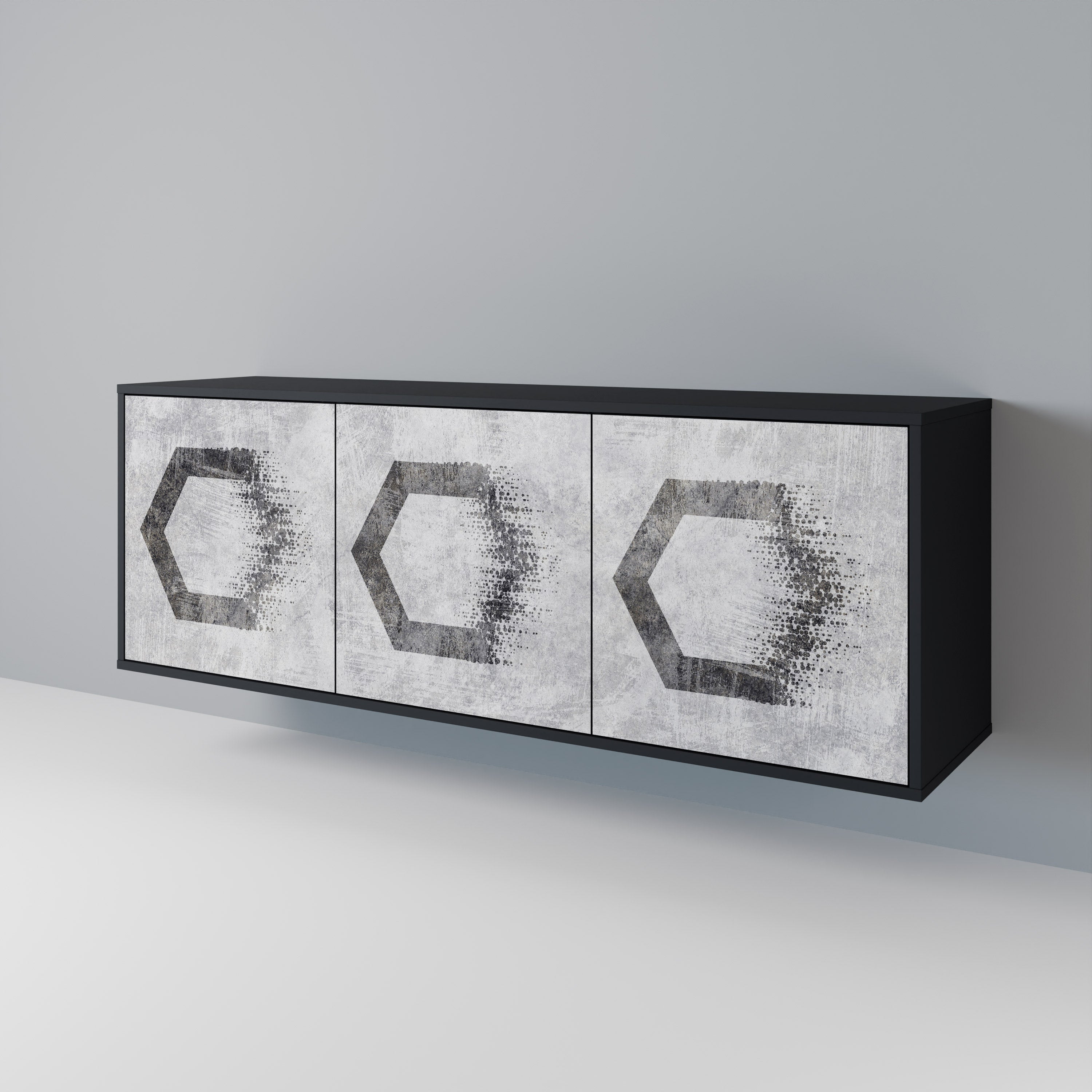Aparador de 3 puertas con figuras hexagonales en acabado negro