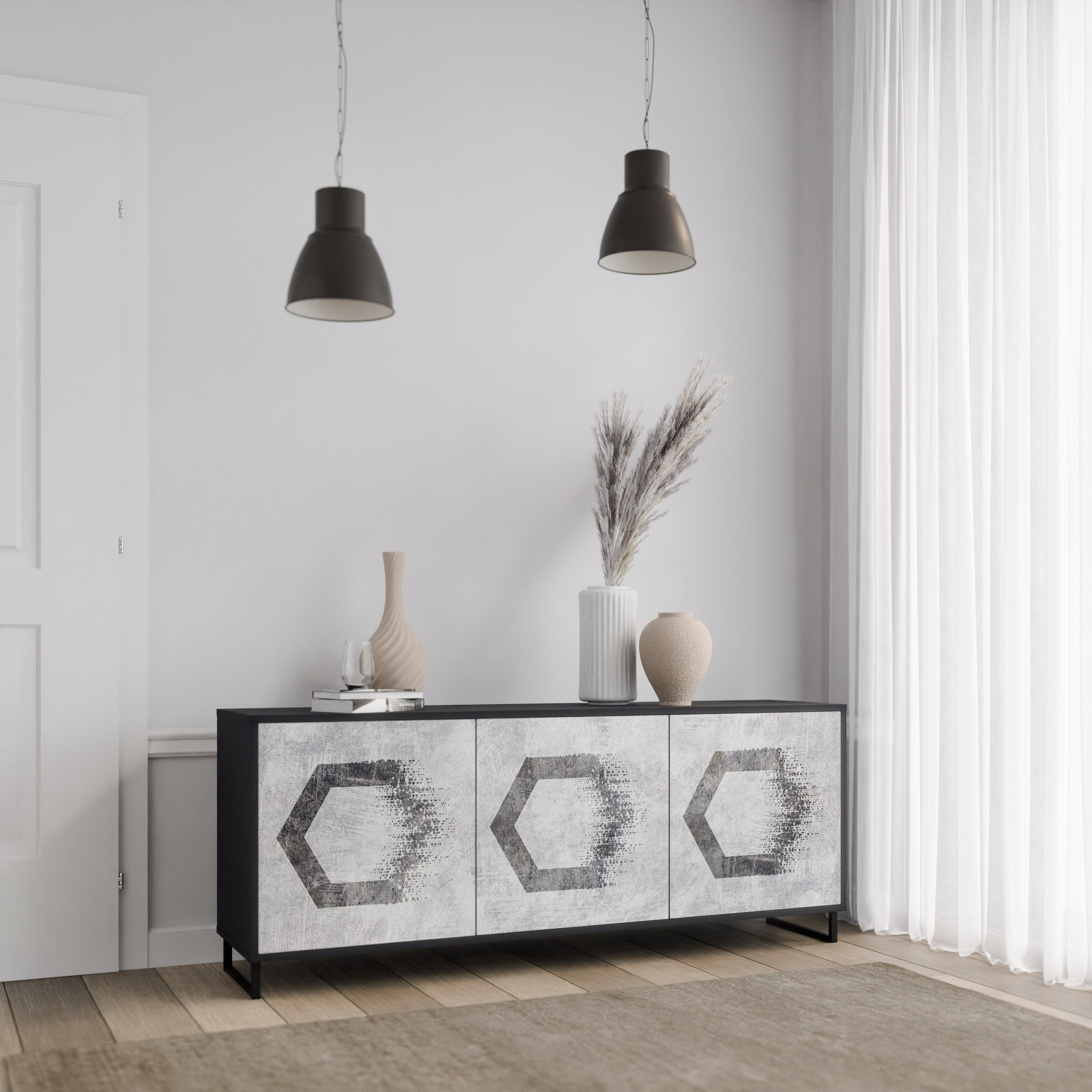 Aparador de 3 puertas con figuras hexagonales en acabado negro