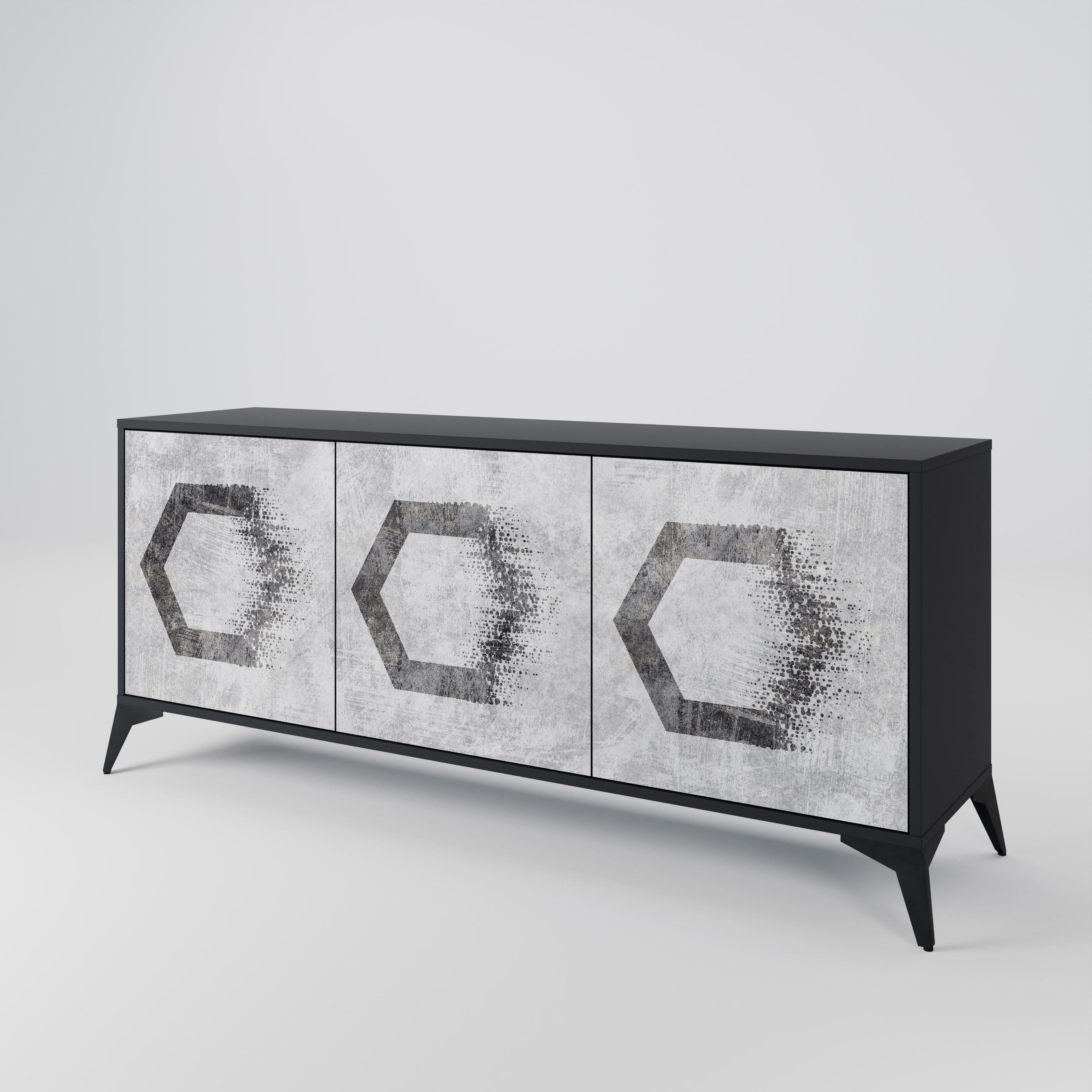 Aparador de 3 puertas con figuras hexagonales en acabado negro