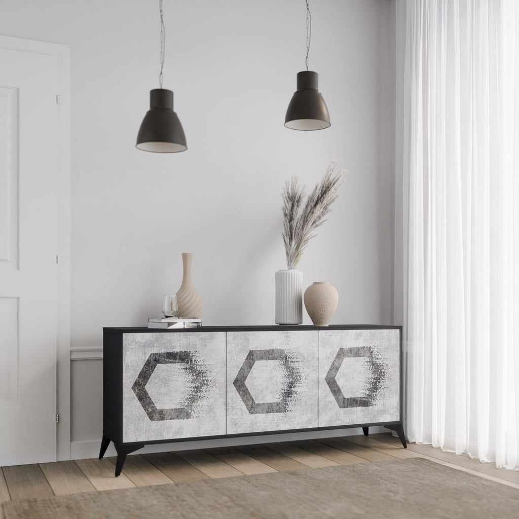 Aparador de 3 puertas con figuras hexagonales en acabado negro