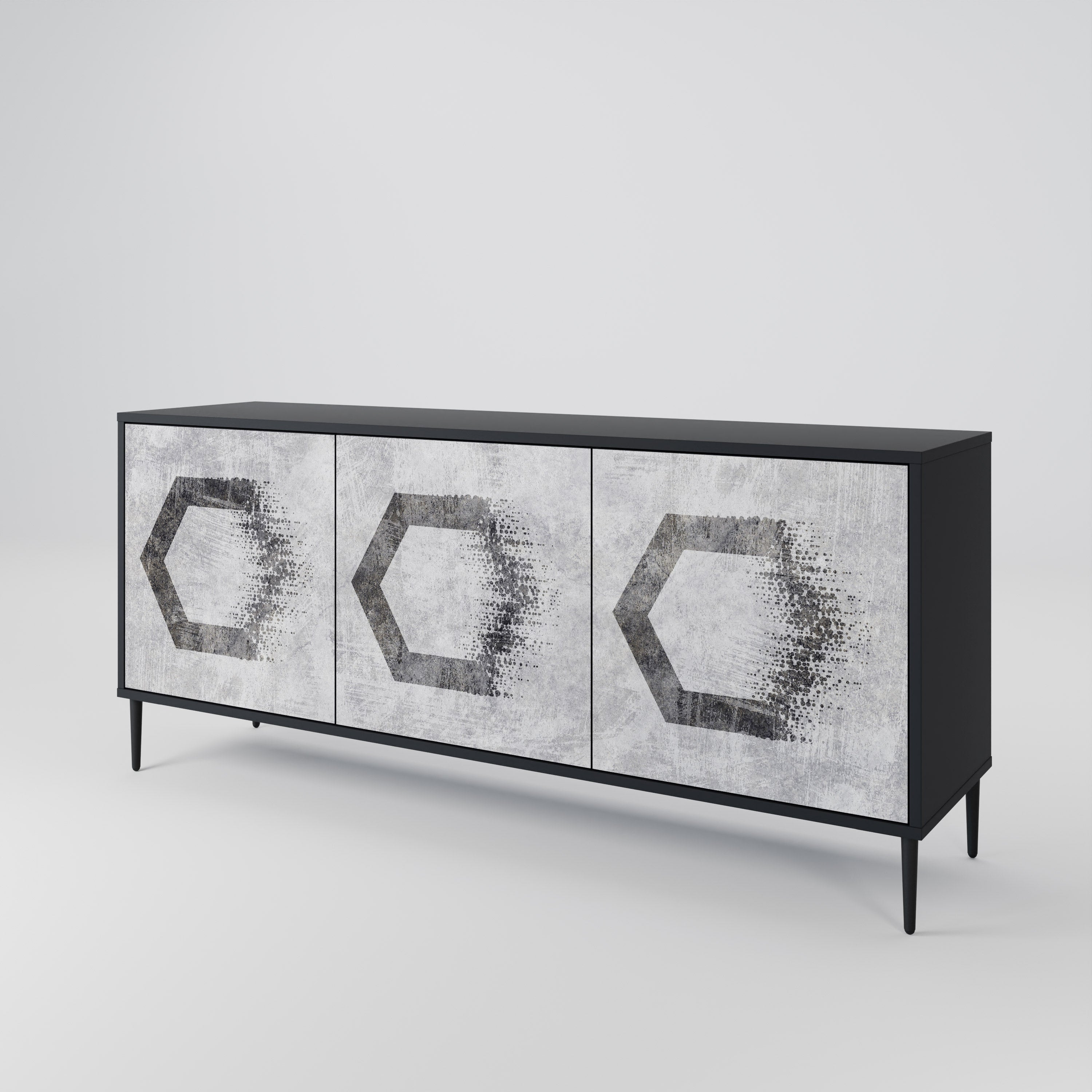 Aparador de 3 puertas con figuras hexagonales en acabado negro
