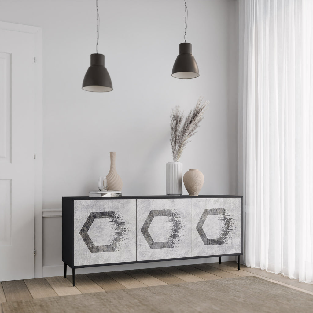 Aparador de 3 puertas con figuras hexagonales en acabado negro