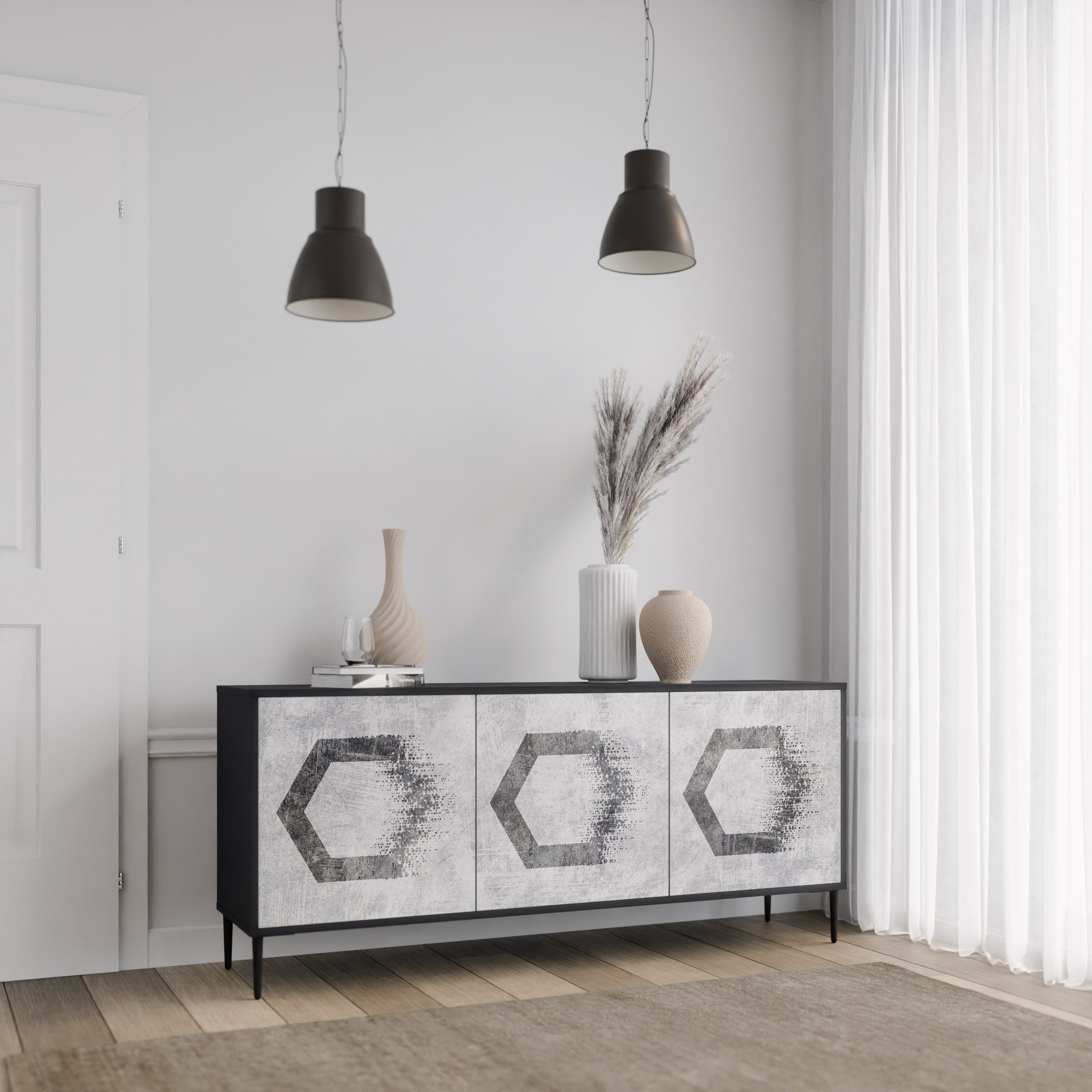 Aparador de 3 puertas con figuras hexagonales en acabado negro