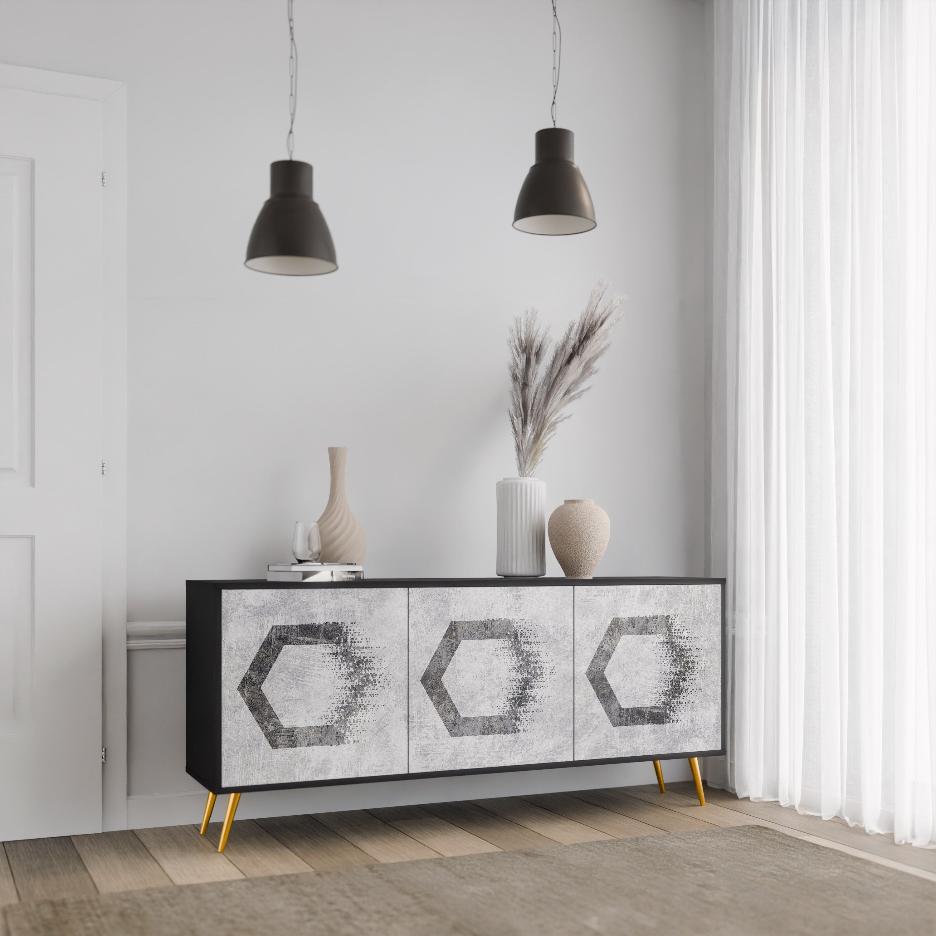 Aparador de 3 puertas con figuras hexagonales en acabado negro