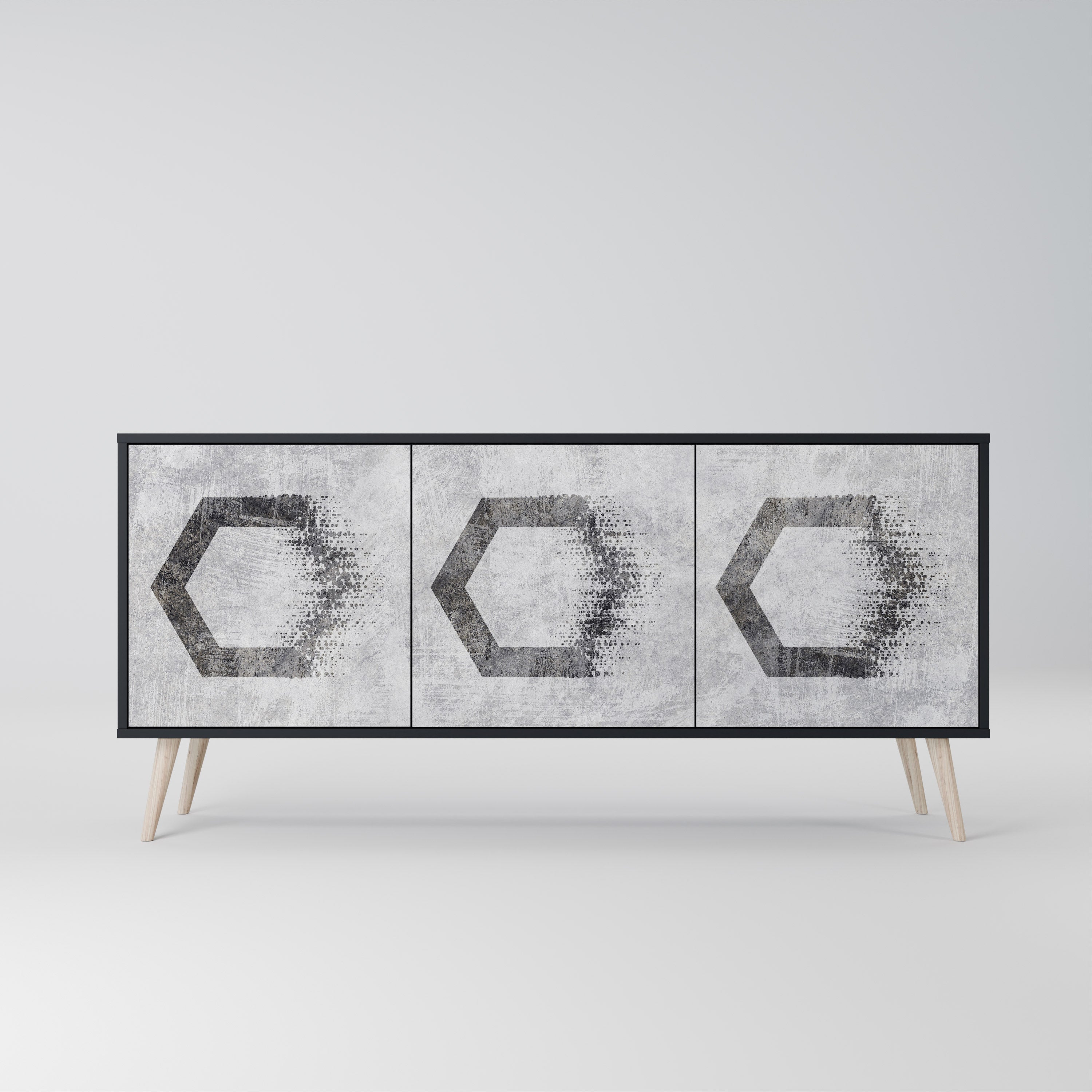 Aparador de 3 puertas con figuras hexagonales en acabado negro