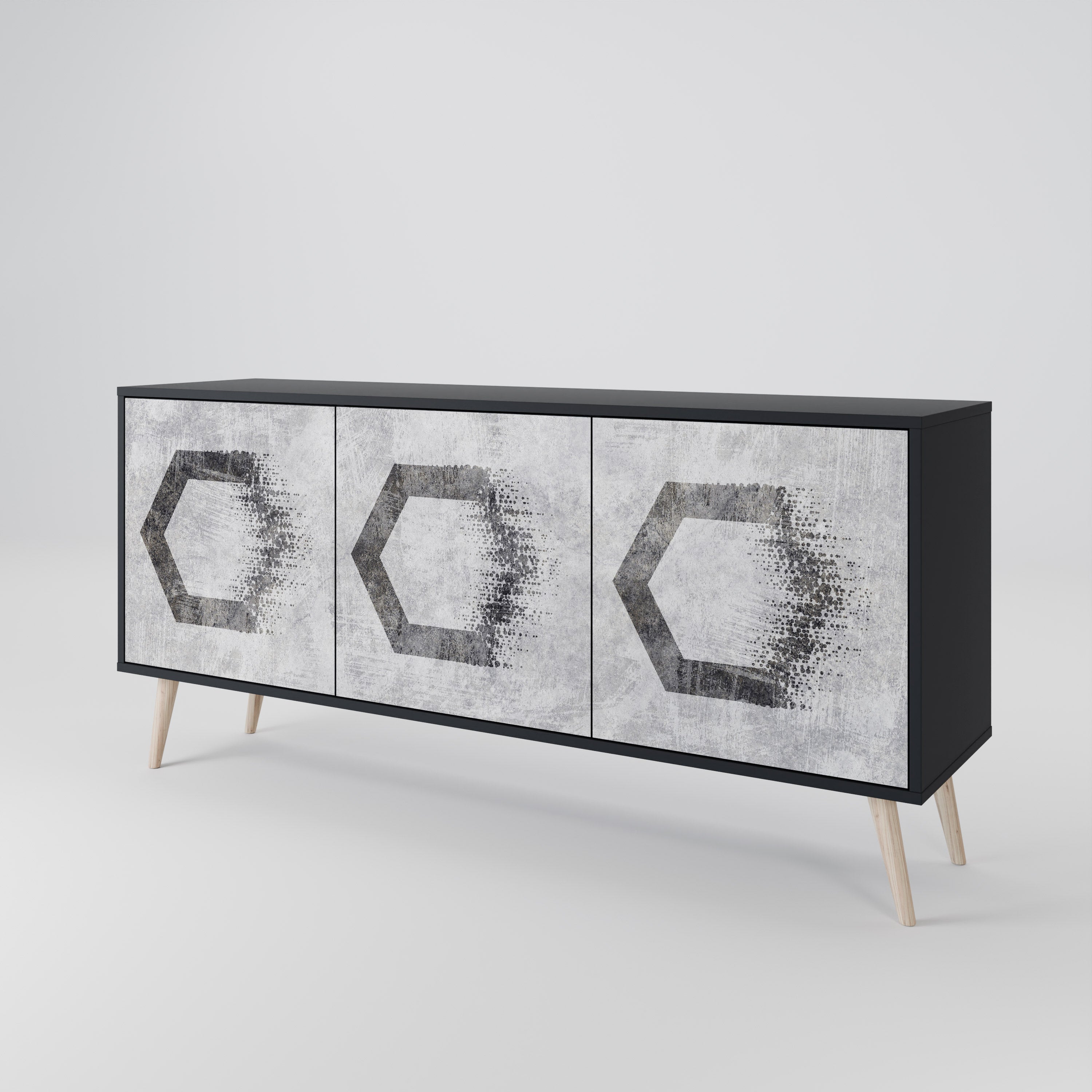 Aparador de 3 puertas con figuras hexagonales en acabado negro