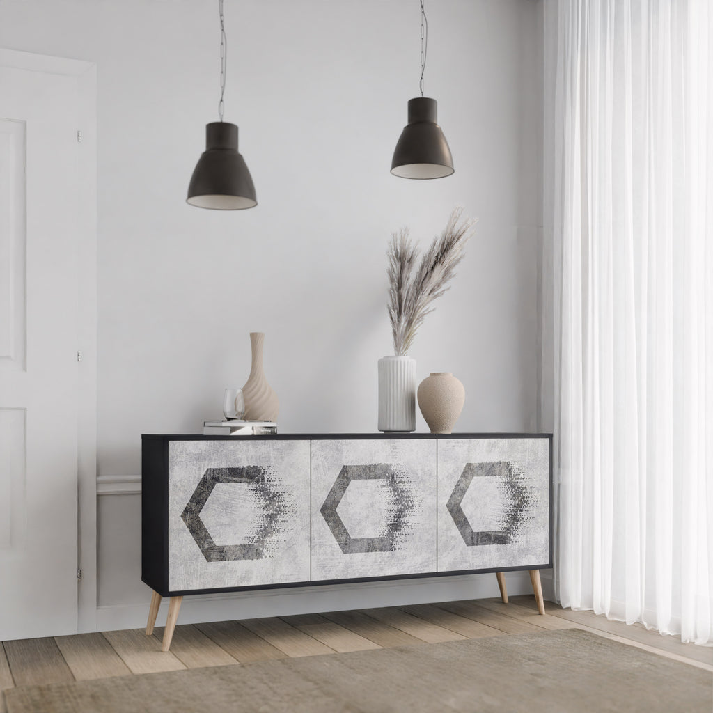 Aparador de 3 puertas con figuras hexagonales en acabado negro