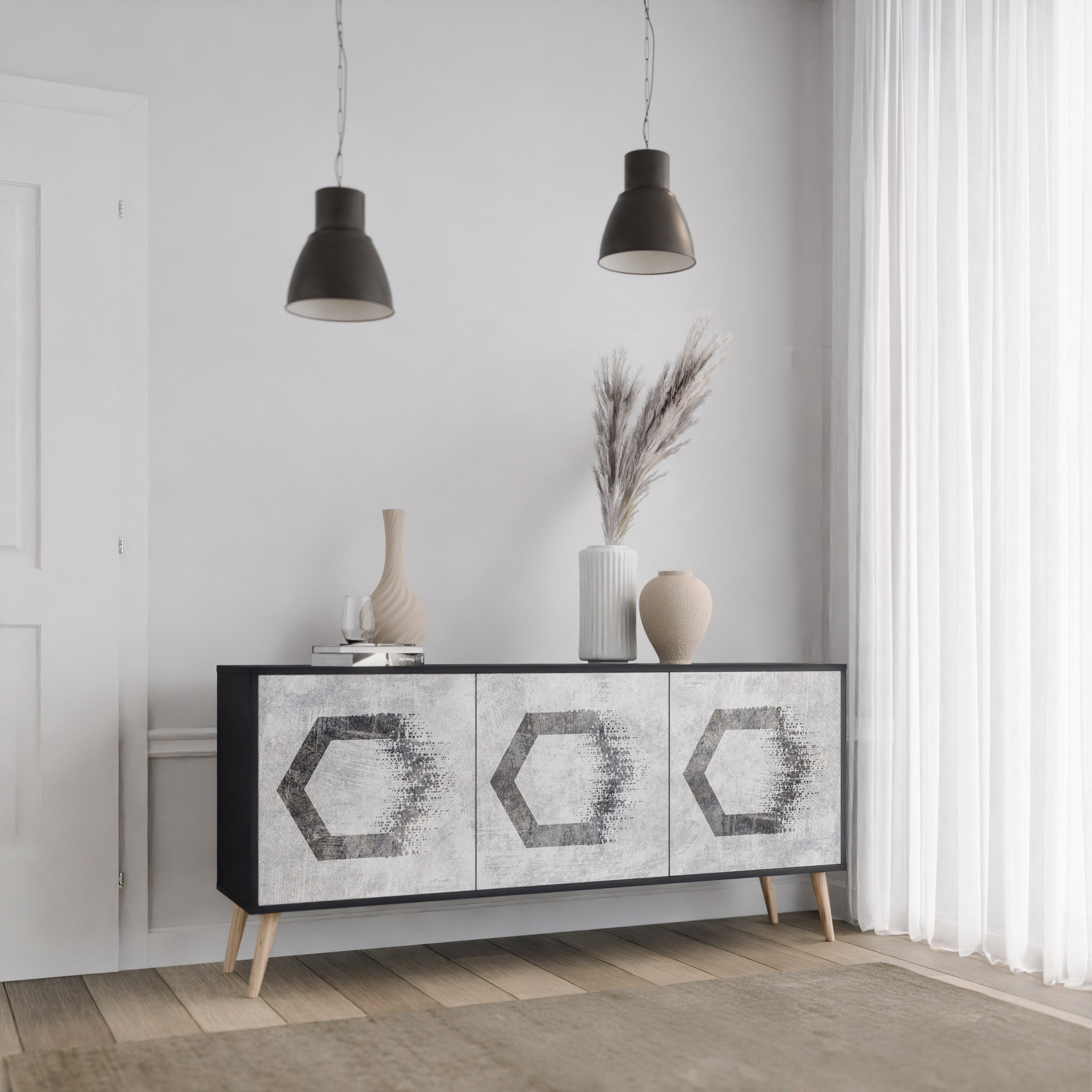 Aparador de 3 puertas con figuras hexagonales en acabado negro