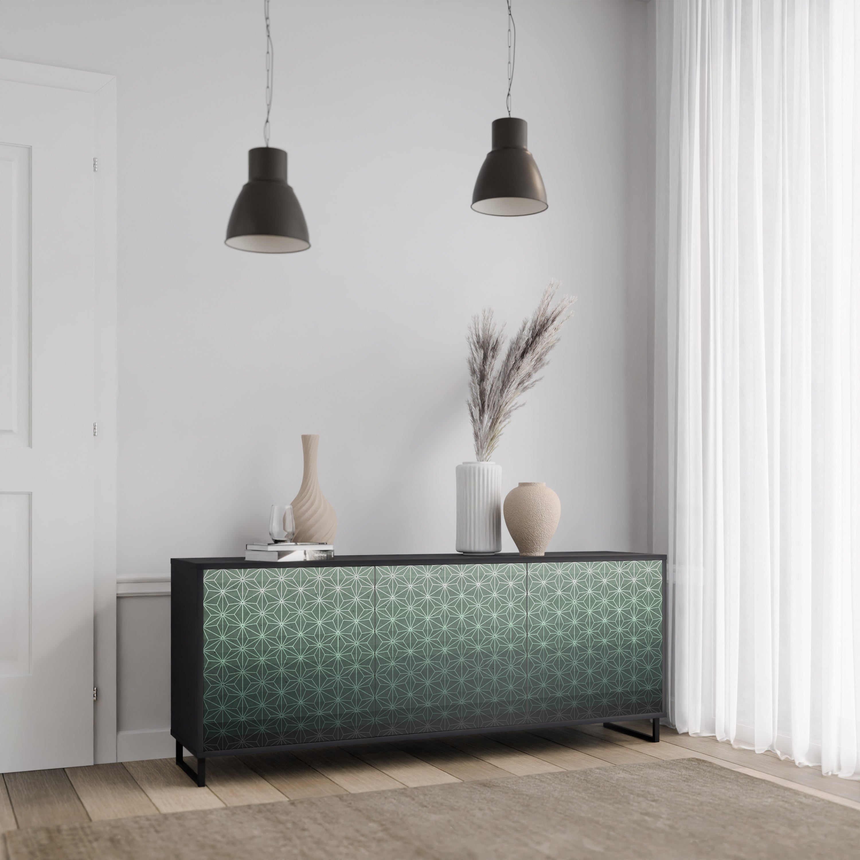 Aparador ORNAMENTAL GLIMMER de 3 puertas con acabado negro