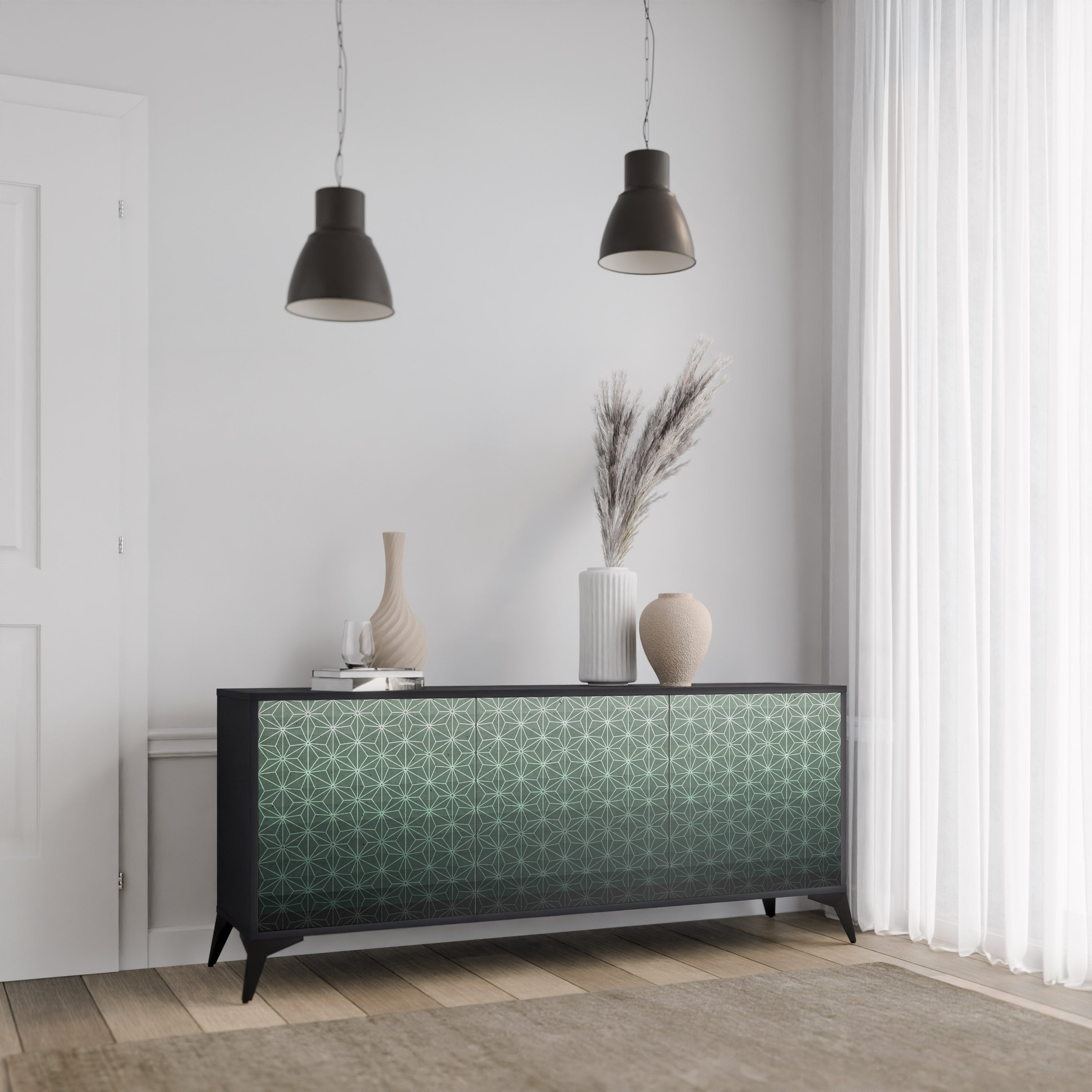 Aparador ORNAMENTAL GLIMMER de 3 puertas con acabado negro